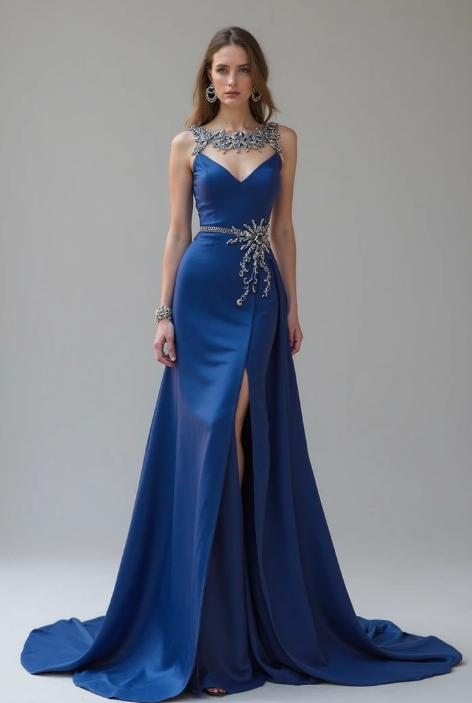 femme en robe satin bleu nuit