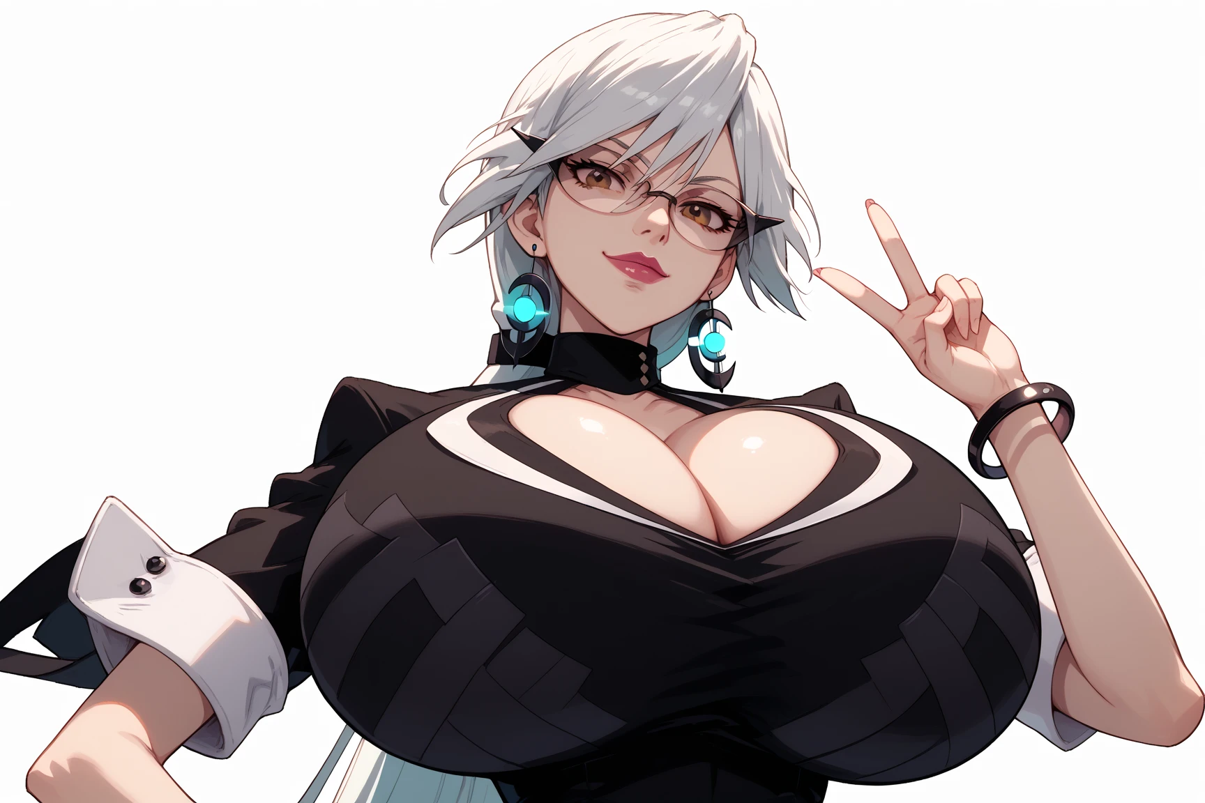 (masterpiece), best quality, expressive eyes, absurdres, 1girl, female, light skin female, Anime Art Style, completely white hair, white long hair, ahoge, pink eyes, red glasses, glasses that are red, large breasts, big breasts, battle attire, attractive appearance, seductive, pink lipstick, pole dancing