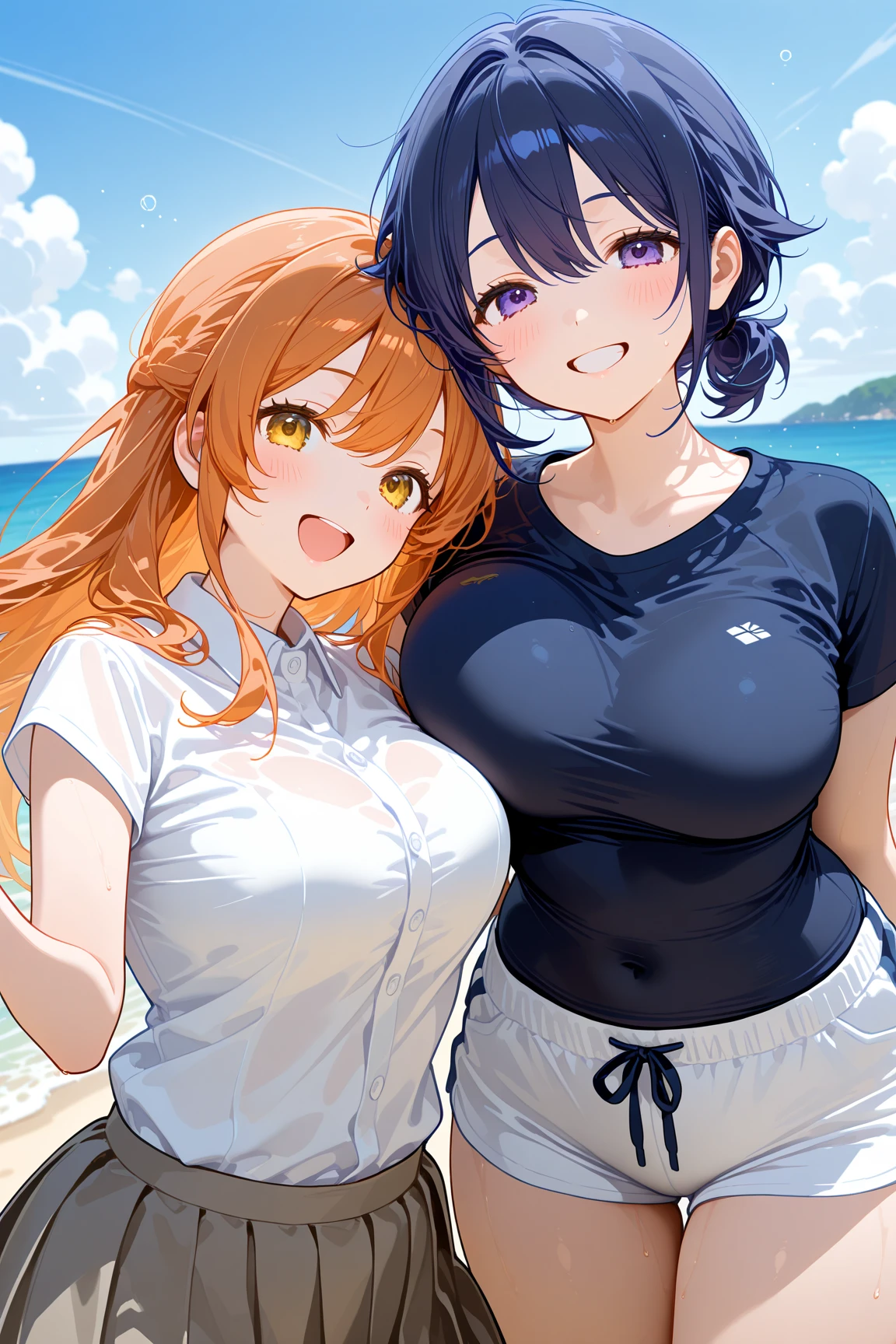 master-piece, bestquality, 1girls,, View viewers from front, HD, slight smile, big tits, clunder , tith, , tiny body, under tits cleavage, look down, onels, s, leah, single braid, orange hair, purple eyes, button gap, undersized clothes, naked, oor, mountain, open_mouth, fellatsture, FellatioGesture, cum