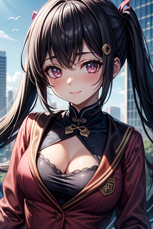 anime,beautiful girl,Warrior、Black Hair、ponytail、sunset、city、Remember、slit、Haori、In the same way、Beautiful breasts、smile、High resolution、8k