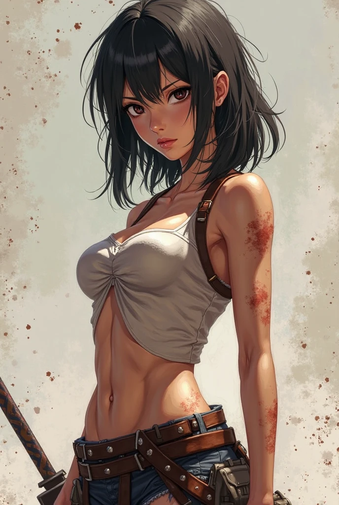 Draw a scene that depicts urban ruins in a desert at dawn. In the center of the composition, a female hunter stands in a torn shirt and denim shorts, sweating as she picks fruit in a makeshift garden among the ruins. The sun is rising in the background, painting the sky with beautiful warm colors. Highlight volumetric lighting and hypercontrast to emphasize the details of the ruins and landscape. Include wild rose bushes around, adding a touch of natural beauty in contrast to the desolate surroundings.