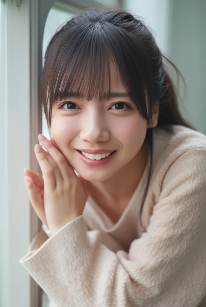 Highest quality,4K,8K,High resolution,Tabletop:1.2),Super detailed,(Realistic,Photorealisticです,Photorealistic:1.37),Beautiful and delicate blue eyes,long black hair in a high bun,detailed red veil,Sharp focus,Professional,Vibrant colors,Dark Background,Studio Lighting、smile、Guts pose、Wearing a jersey。Casual clothes