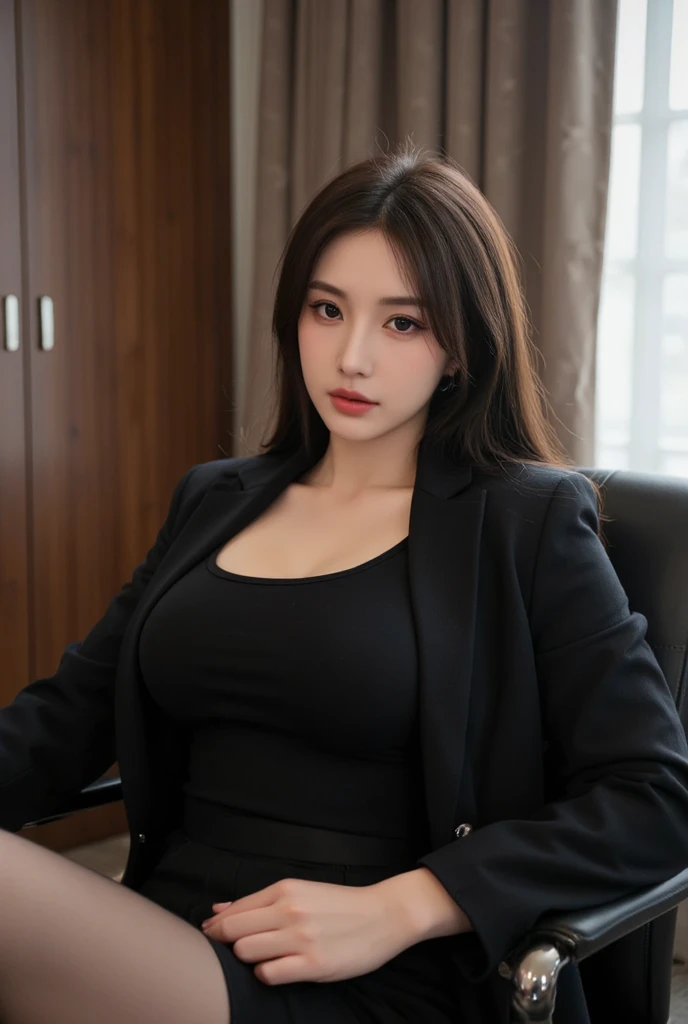 ((Best quality, 8k, Masterpiece :1.3)), 1girl, beautiful woman with emphasis on plump abs: 1.3, (dark brown hair, big breasts: 1.2), (secretary suit, sitting on the chair :1.2), ultra-delicate face, delicate eyes, double eyelids, smirk, office, cleavage
