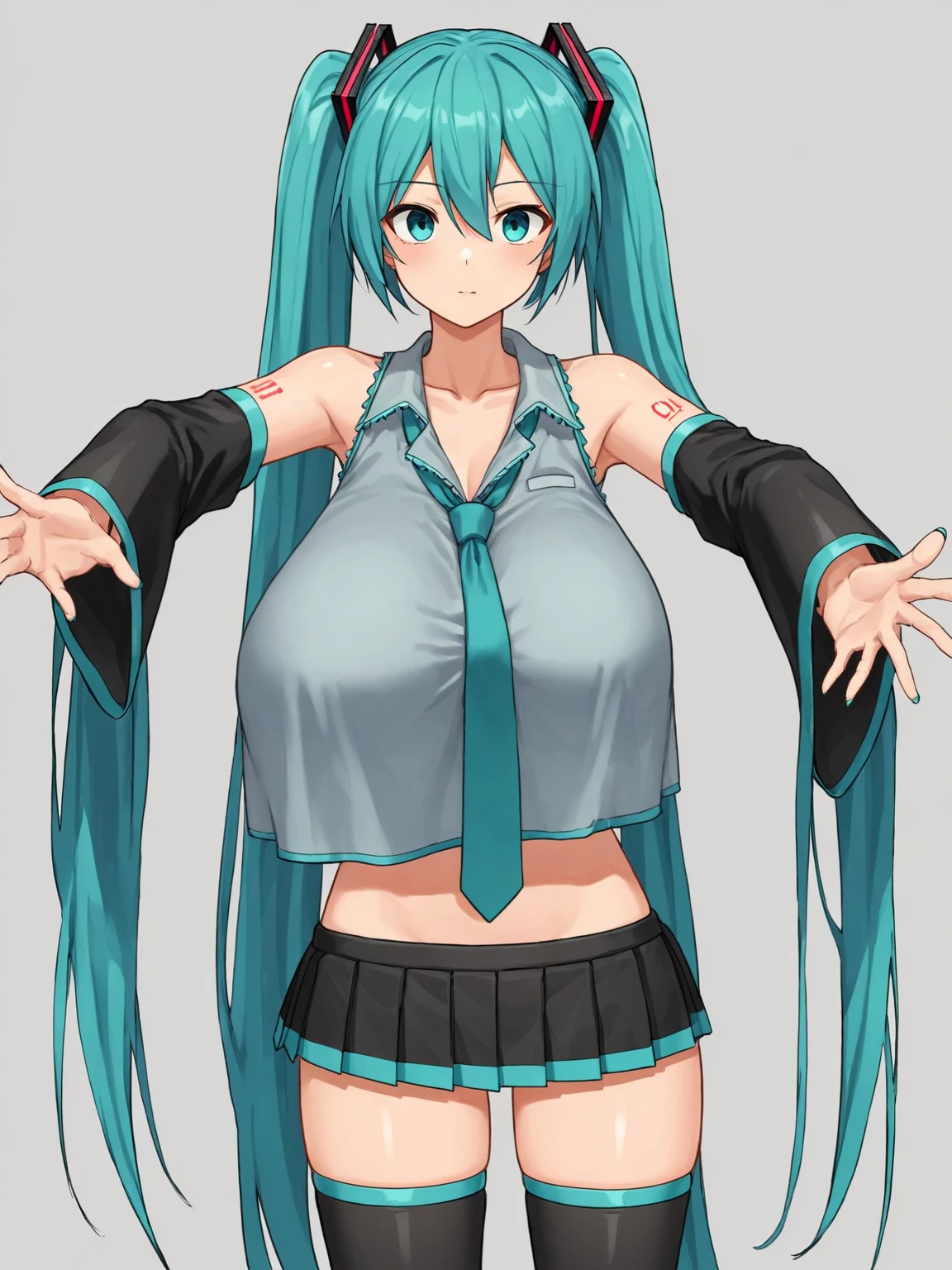 ((high quality:1.2)), 8k, extremely detailed, ((High detail:1.2)), source_anime, (Hatsune Miku), a girl with 18 years old, ((cropped open underboob, mini-shorts)), ((medium breasts:1.4)),
