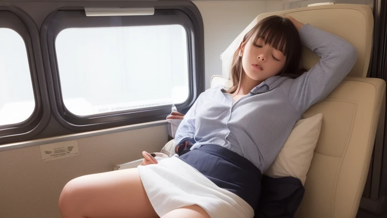 1 girl ,Highest quality, Ultra-high resolution, Highly detailed skin, Physically Based Rendering, Small breasts, Flat Chest, Down blouse,(14 year old Japanese student, Decorative fine bra , Overlap short sleeve blouse, Small breasts, Sensual ),Sitting, Crouching on the train, short hair, necklace ,close,From top left ,Focus on the chest ,High brightness