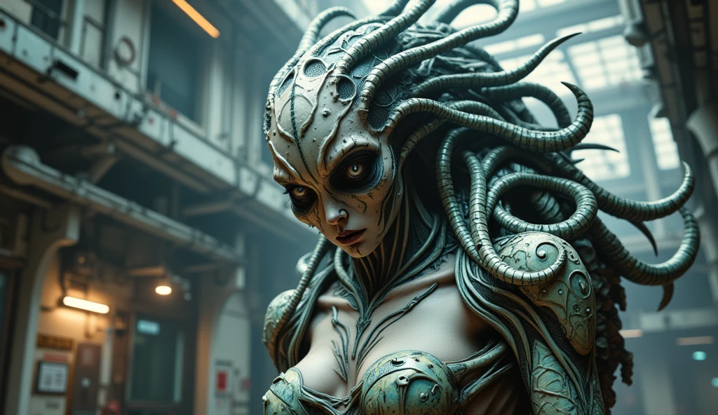 breathtaking cinematic science fiction film still, art by Carrie Graber, (futuristic alien:1.1) , Energetic, best quality, loop lighting, High Contrast, glowing eyes, dirty, noisy, edgy, vignette, cinemascope, highly detailed, award-winning <lora:FuturisticAlienV1:1.0> <lora:add-detail-xl:1.0>