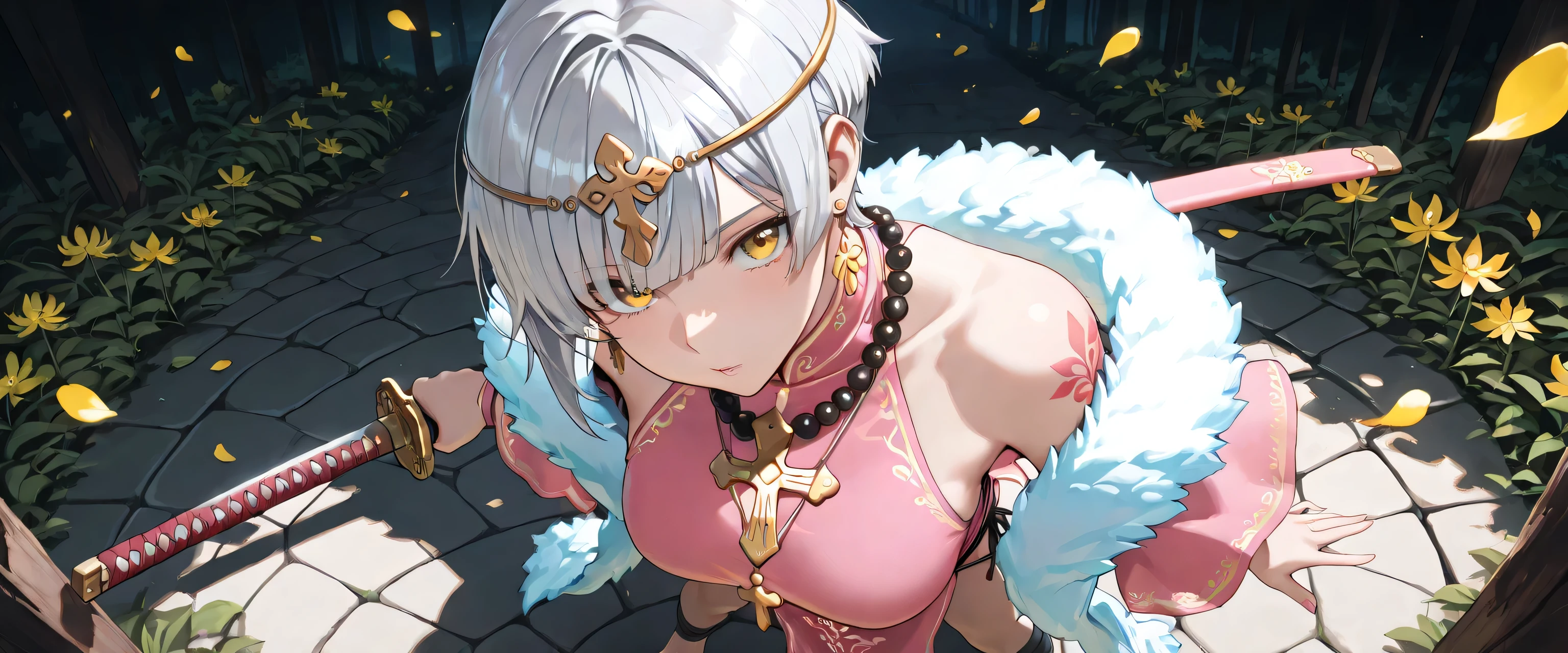 ((masterpiece, best quality, ultra detailed, high resolution, beautiful detailed face, beautiful detailed eyes, perfect hands, 4K)), (1 woman, solo), (medium breasts), (girl with short pixie cut, straight bangs, soft layers, neat around ears and nape, silver platinum hair), ( pink clothes, wear a mustard yellow ceremonial robe decorated with colorful embroidery and a fur shawl over one shoulder. Her hair is styled in long braids adorned with yellow beads, and she wears a traditional headpiece with dangling ornaments over her forehead. She has large round earrings and a layered black beaded necklace. She holds a fireTibetan Prayer Wheelin her hand). She is wearing a delicate silver necklace with a small pendant. Her pose is playful and confident, as if caught mid-dance), black bandaged_arm, black bandaged_leg, barefoot, standing , Hold a katana in one hand, legs apart, looking at viewer:1.3,eye-level and over-the-shoulder shots, high angle, A young woman is drawn in a 3/4 view, facing slightly to the right. Her left eye is fully visible, while the right one is partially hidden due to the angle of her head. Her nose bridges slightly out from the center, and the mouth follows the curve of the jawline, subtly indicating the perspective. a dark mysterious swamp filled with white spider lilies, ethereal mist floating above black water, glowing red petals, melancholic atmosphere, cinematic lighting, fantasy landscape, detailed environment, ornamental black lotus tattoo on mid chest,