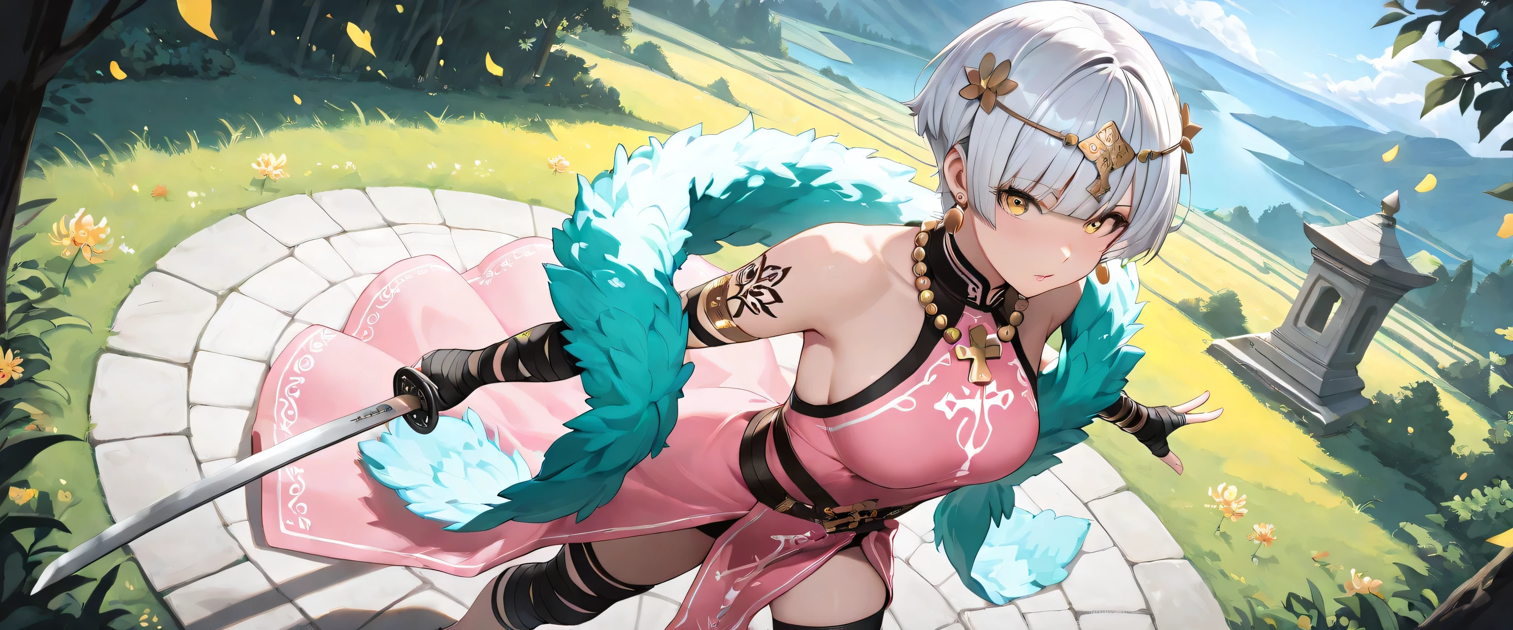 ((masterpiece, best quality, ultra detailed, high resolution, beautiful detailed face, beautiful detailed eyes, perfect hands, 4K)), (1 woman, solo), (medium breasts), (girl with short pixie cut, straight bangs, soft layers, neat around ears and nape, silver platinum hair), ( pink clothes, wear a mustard yellow ceremonial robe decorated with colorful embroidery and a fur shawl over one shoulder. Her hair is styled in long braids adorned with yellow beads, and she wears a traditional headpiece with dangling ornaments over her forehead. She has large round earrings and a layered black beaded necklace. She holds a fireTibetan Prayer Wheelin her hand). She is wearing a delicate silver necklace with a small pendant. Her pose is playful and confident, as if caught mid-dance), black bandaged_arm, black bandaged_leg, barefoot, standing , Hold a katana in one hand, legs apart, looking at viewer:1.3,eye-level and over-the-shoulder shots, high angle, A young woman is drawn in a 3/4 view, facing slightly to the right. Her left eye is fully visible, while the right one is partially hidden due to the angle of her head. Her nose bridges slightly out from the center, and the mouth follows the curve of the jawline, subtly indicating the perspective. a dark mysterious swamp filled with white spider lilies, ethereal mist floating above black water, glowing red petals, melancholic atmosphere, cinematic lighting, fantasy landscape, detailed environment, ornamental black lotus tattoo on mid chest,
