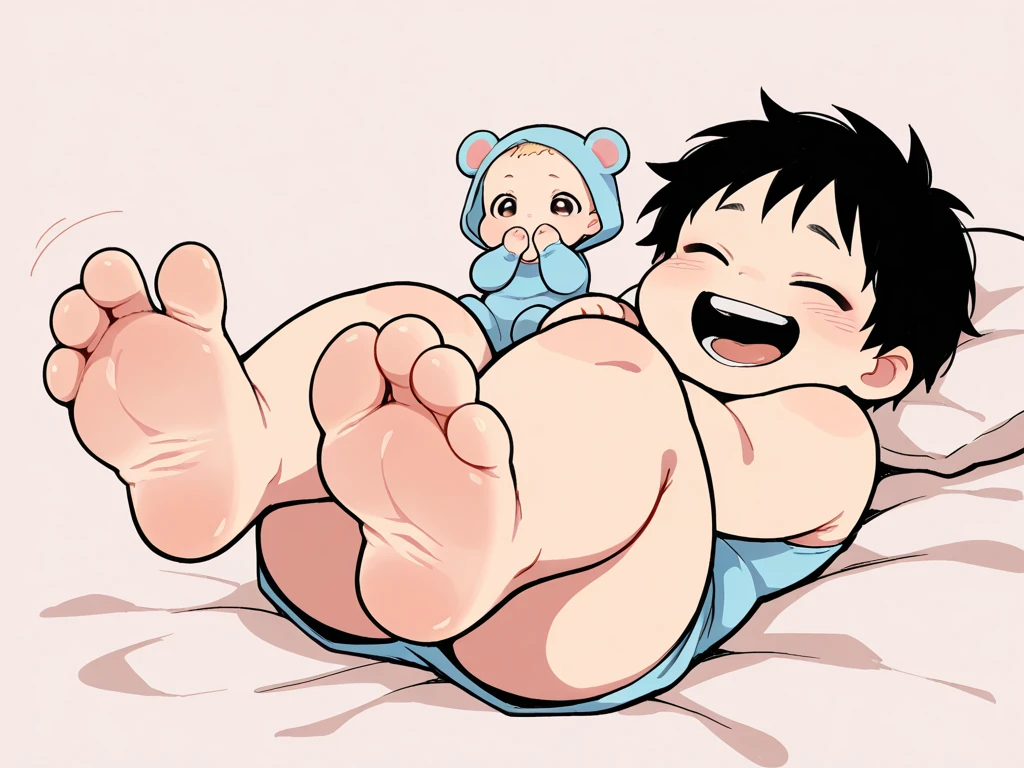 Masterpiece, Fat, Chubby belly, Flabby obese, Male, Naked man, Short hair, O-legs, Barefoot, Short legs, Lying down, Smile, Boys, Penis (foreskin, foreskin), Penis (human genitals), Penis (male genitals), Penis (long 1.2), Penis (ejaculation)