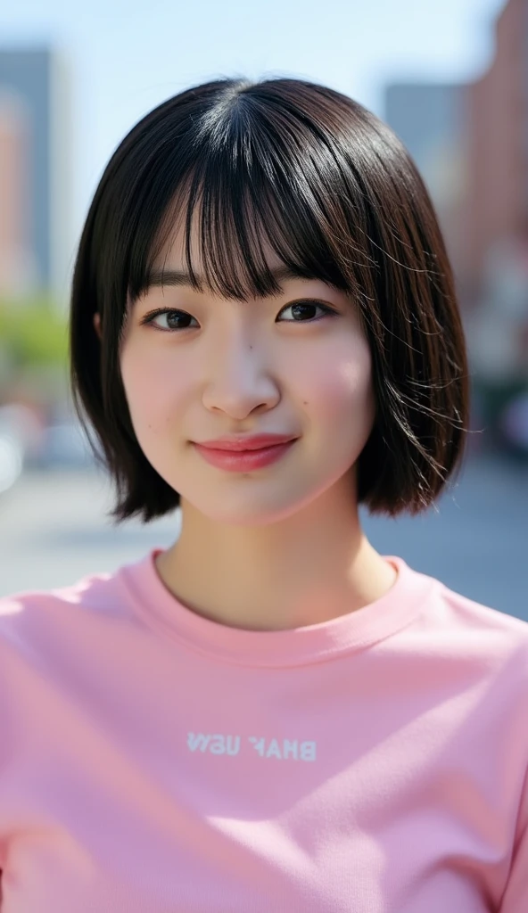 highest quality， realistic， 8K， High resolution;， 1girl， girl， sit on a bench（urban landscape background：1.6））， skinny denim、 white t-shirt）， head is looking straight at the viewer：1.8， （目ほどの長さの髪で観客を見つめるgirl， black hair、 parted bangs：1.65）， realistic， smile、beautiful white teeth， rich，full body photo、gravure, sneakers、necklace around neck、ear piercing、
