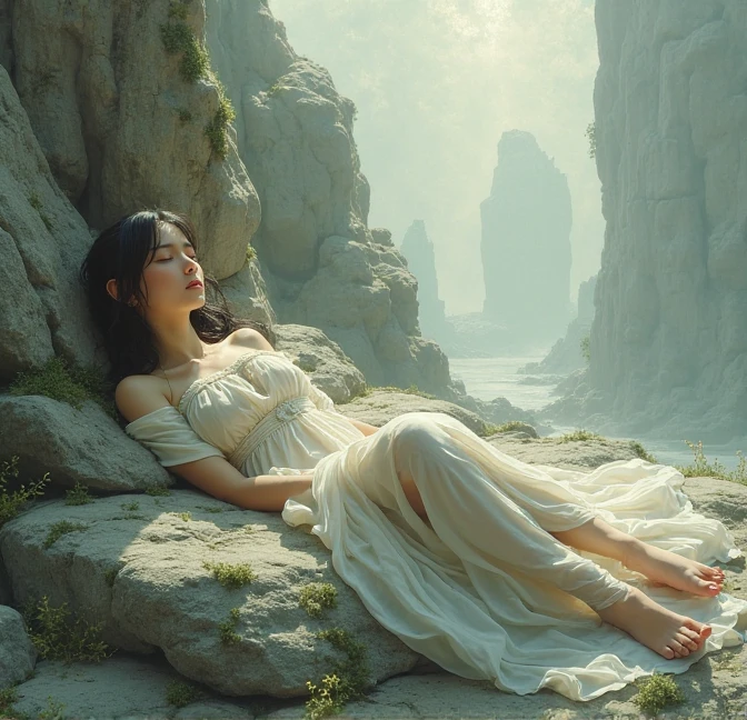 a woman lying on the ground, Birds perched on her lap, Gulliver's Travels, Gulliver's Travels, maurizio cattelan, detailed concept photography, sports creative image composition, surreal object photography, by Storm Thorgerson, surreal nightmare scene, miniature photography , stills from God of War, by Leandro Erlich, terry gilliam, little people!! !, manipulation.fan bing.Beautiful giant girl. Big thighs.