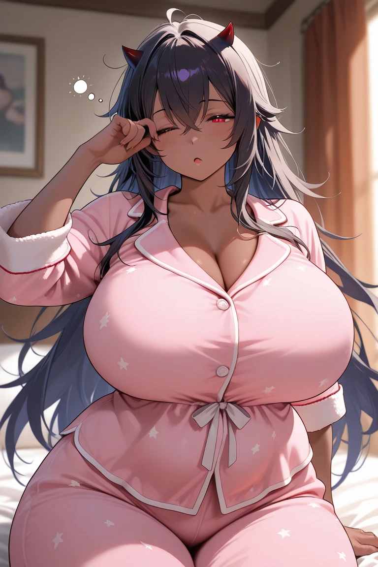 deaver, by deaver, black hair, female, twin drills, solo, smol, pink eyes, massive breasts, oppai loli, very long hair, wear plain black open cut tight tank top and red leggings, masterpiece, ultra high quality, masterpiece, best quality, highly detailed background, cinematic lighting, detailed eyes, perfect face,, lazy, teenager room, messy, bedroom, bed sheet, closet,