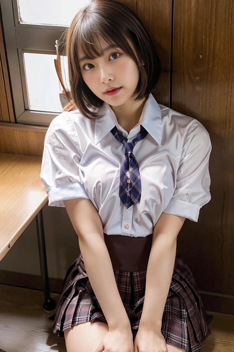 (masterpiece:1.3, highest quality), (realistic, photorealistic:1.4), perfect lighting, perfect anatomy, looking at the viewer, full body, Front view:0.6, 1 girl, alone, Japanese, high school girl, Improve, big breasts, big ass, seductive thighs, skin dents, plump body,
(short hair), asymmetrical bangs, brown eyes, parted lips, (very tanned and shiny skin),
beautiful hair, beautiful face, highly detailed face, detailed and beautiful eyes, beautiful clavicle, beautiful body, beautiful breasts, beautiful thighs, beautiful feet, beautiful fingers, ((collared short sleeve shirt, white shirt, school uniform, pink plaid pleated skirt, black tie)), white panties, polka dot hair scrunchie,
( sexy pose), (enchanting smile), evening,Sit in the classroom,gal,(brown skin:1.5),(view from below),1dildo, underwear, dildo under panties
dildo under clothes
dildo in pussy
standing