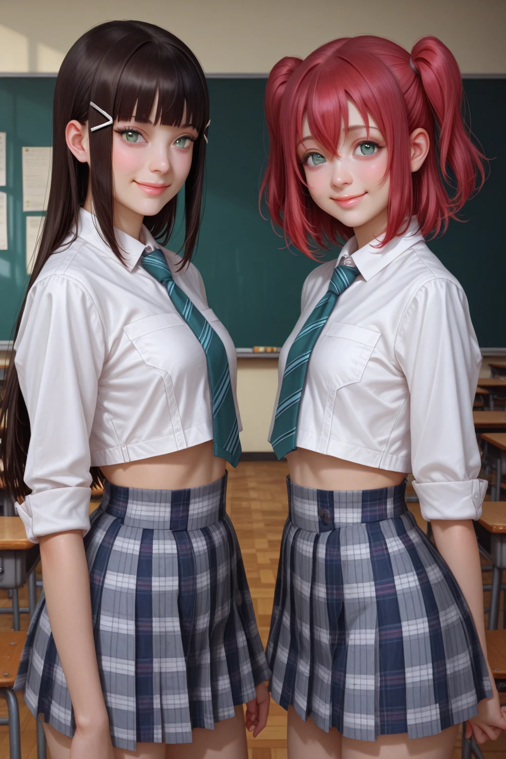 Two teen, skinny teen, sexy schoolgirls, touching each other, in bra , seethru, mini skirt plaid, long hair ginger, double ponytails, perfect eyes, blush, teasing, hot sensations, orgasme,