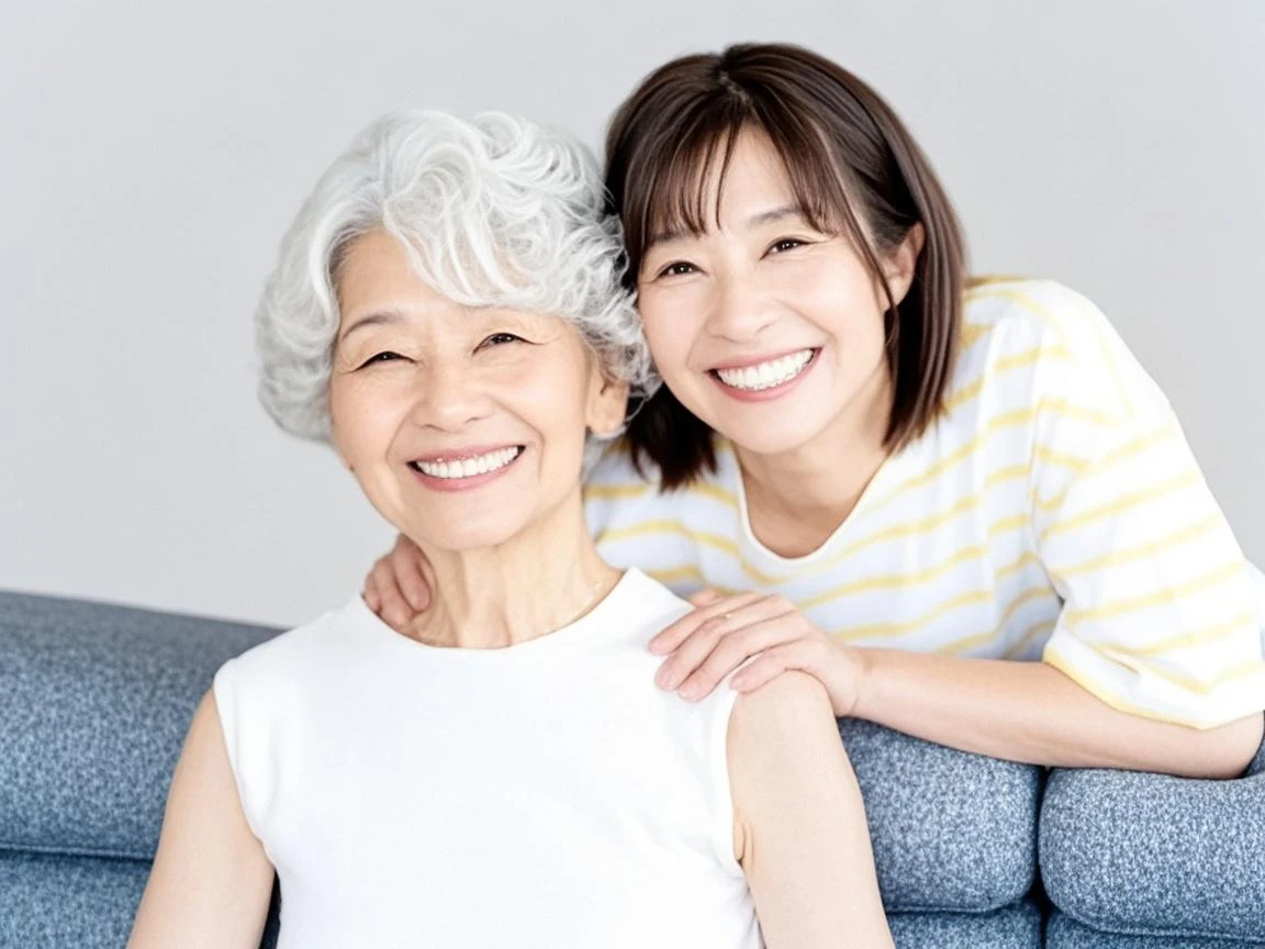 ((Best Quality, in 8K, masutepiece: 1.3)), Smiling woman about 80 years old and her husband,Whitish high-key living room,sofas,modern Japan