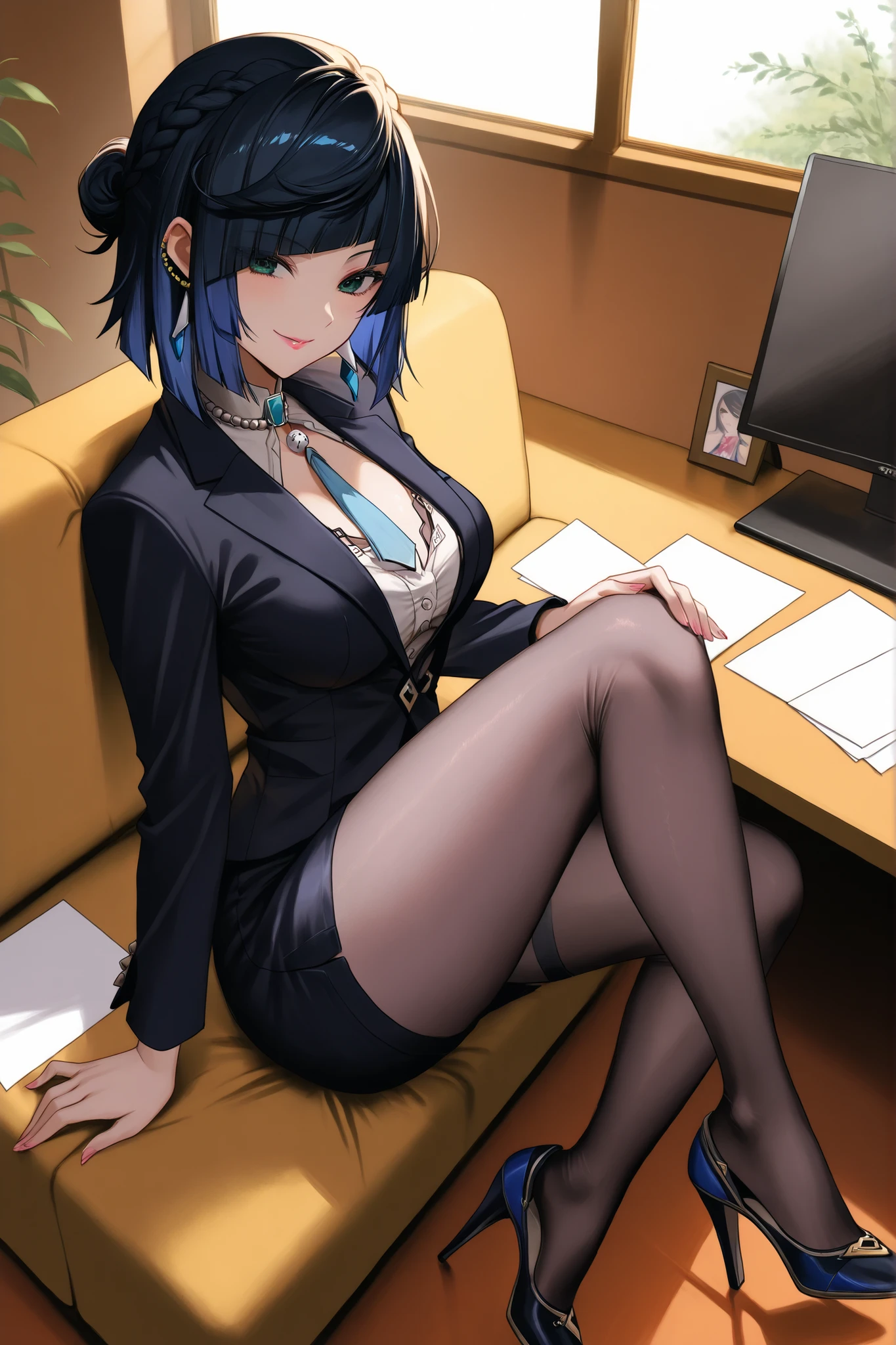 Mature beautiful woman,(Highest quality,Extremely detailed depiction,Incredibly absurd high resolution,Anatomically accurate depiction,Curvy Legs),(Glowing Skin,Shiny skin),(Office Lady,An excellent female secretary,Villainess),(business suit,Tight Skirt,Formal Shirt,High heels,Black Pantyhose,Luxurious accessories),eyelash,(Purple eyes,Detailed pupil,Half-closed eyes:1.3,There is cleavage in the chest,Wicked Smile,Glossy red lipstick,Sitting,Seductive gestures),whole body,(background:In the office,)