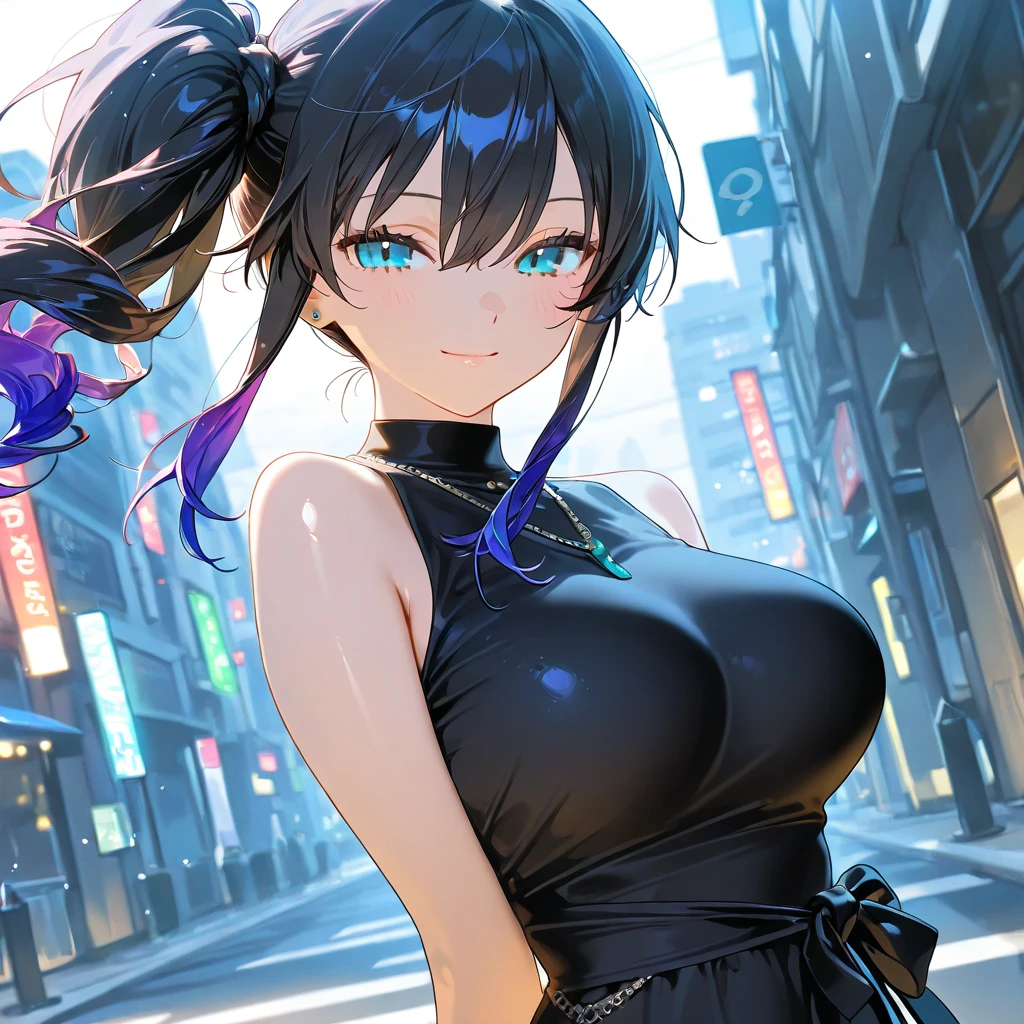 top-quality、Top image quality、​masterpiece、girl with((18year old、Best Bust、Medium bust、Bust 85,Beautiful blue eyes、Breasts wide open,Black Short Sleeve T-Shirt、White see-through、Black short skirt、Ponytail with black hair、Beautiful blue earrings、A slender、Height 175cm,Leaning forward、Blue mesh at left bang.、V-sign with your finger、dye one's cheeks red、A slight smil)）hiquality、Beautiful Art、Background with((Night amusement park、Red and blue lighting)),masutepiece、Elaborate design、visualart、depth of fields、The best lighting、highestdetailed、