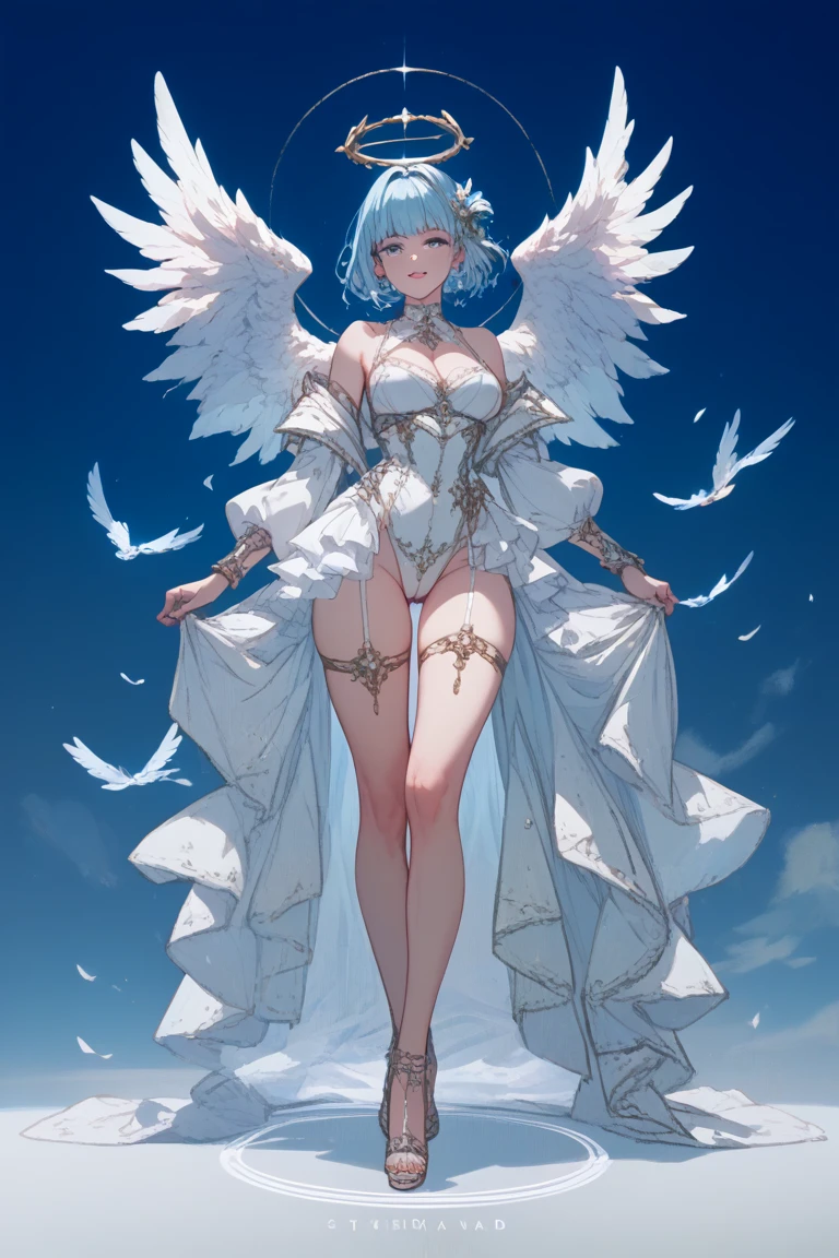 (highest quality, masterpiece, Very detailed, Very detailed, Exquisite, 16k,Full HD),Pull,Golden Ratio,Dramatic lighting,pastel colour,Floating in the air,Soft lighting, ((alone:1.5)),Seaside,moonの光,Starry Sky,meteor,moon,((whole body)),(Angel Princess, Blue eyes, Long eyelashes,White skin,slim,pale pink plump lips,Pale pink cheeks, The wind is blowing,White fluffy hair,thin and long,(See-through),(Huge angel wings growing from just above her waist),(pearl tiara,Pearl Earrings,Pearl Earrings,pearl choker),(Wearing only a white:1.1), pure white lace and frills,(blush：1.2), (Fantasy, Romantic atmosphere), Expose