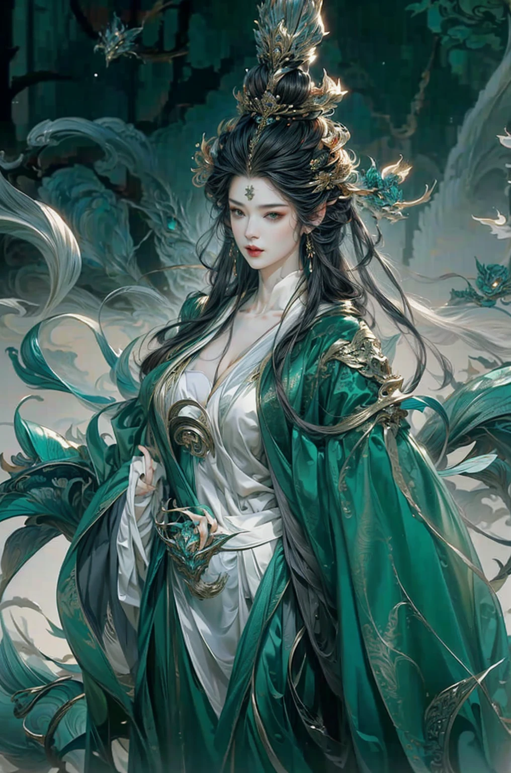 Chinese style, green dragon fairy, green dragon, dragon surrounding, gods, queens, gorgeous clothes, beautiful scale-patterned coat, cyan robe, Hanfu, snow mountain, purple thunderbolt, lightning, 32k --niji 5