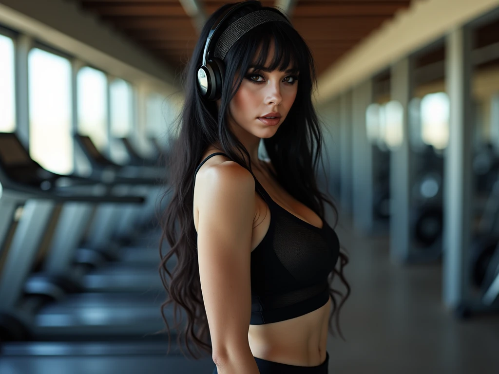 A girl, Lovely, 20 years, Tanned, Long hair, black hair, Brown eyes, Sharp Eyebrows, big lips, delgado, realist, neckline, Instagram, influence, beautiful, Posing, Use clothes, High resolution, ultra detailed, vivid colors, Professional lighting, and the gym, tight sportswear, with hair up and headphones.