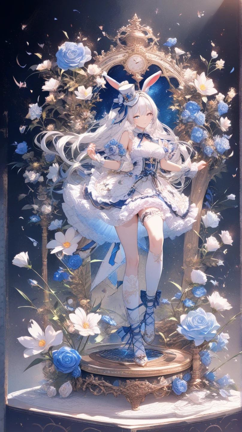 illustration, masterpiece, best quality, 2girl, fox ears, soft silver pastel brown hair, two tails, high twin tails, black ribbons with gold edges, star hair ornament, star \(symbol\), low twintails, halo, bangs, blush, smile, sparkle, full body, firm pose, T pose, (((transparent white blouse))), no , white bed, dakimakura, the girl's height is 1.40 meters , slim body, thin waist, thin hips, uncensored, white background, (((perfect hands))), (((perfect feet))), (((Perfect fingers))), wallpaper