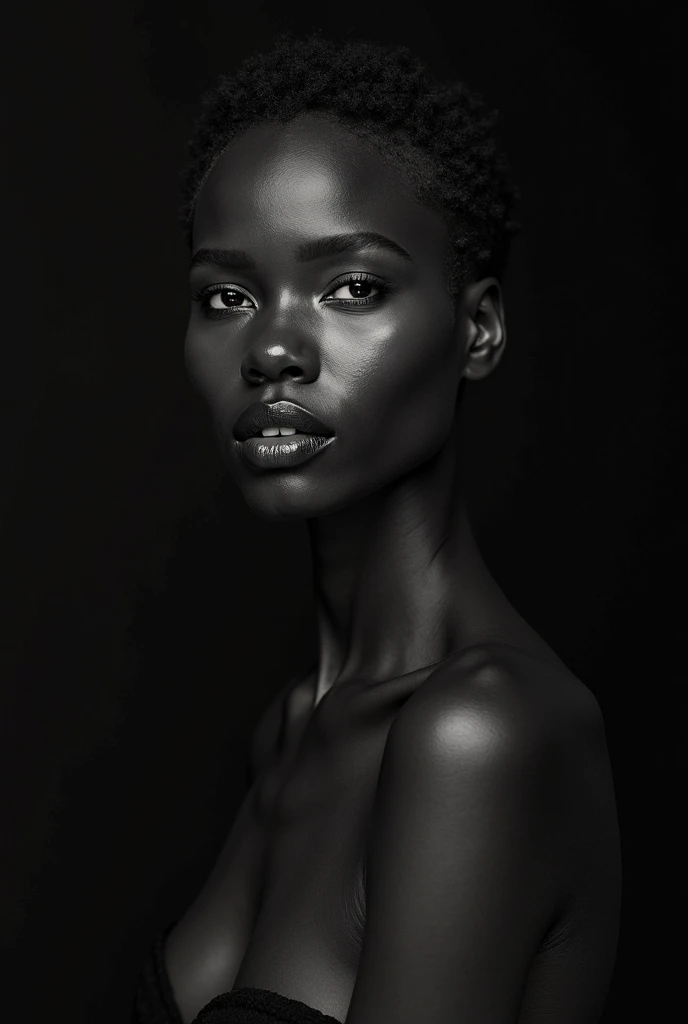 arafed woman with eyes closed and a black and white photo, adut akech, photo of a black woman, maria borges, black and white portrait, beautiful skin, brown skinned, black young woman, young black woman, dark-skinned, dark complexion, dramatic portraiture of namenlos, charcoal skin, dark skinned, black skin, dark skin