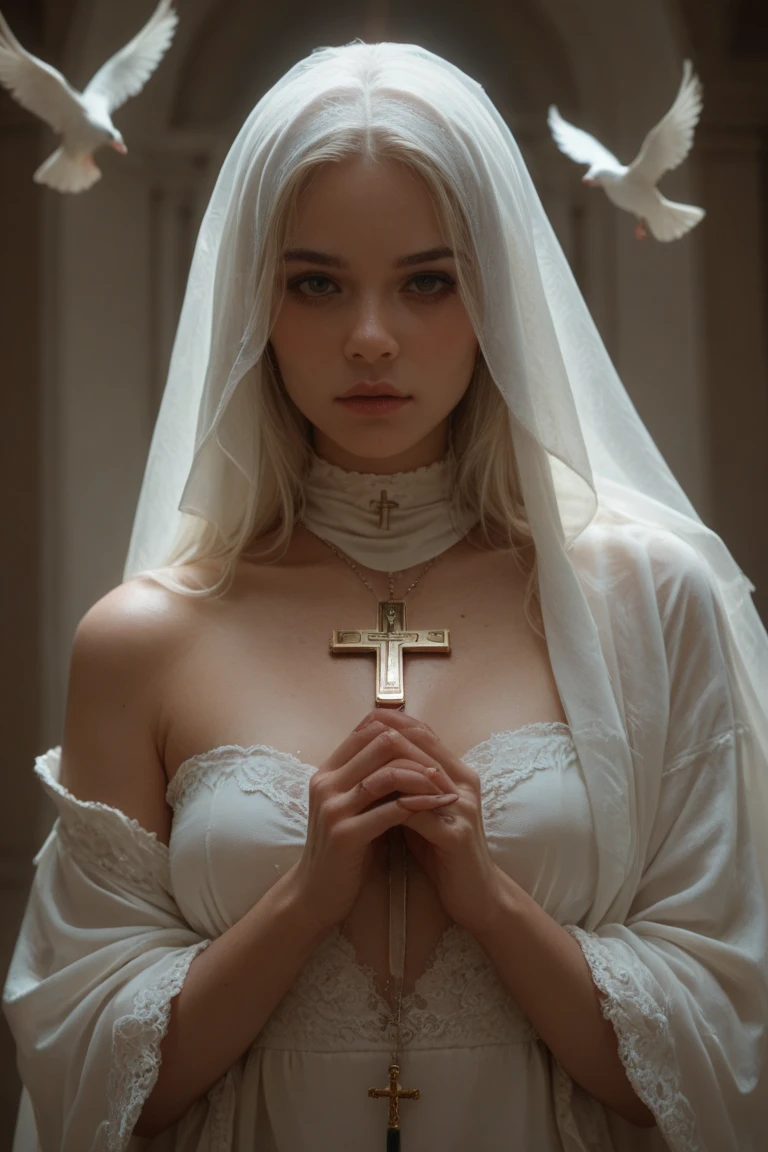 4k best quality, HR photo, Beautiful girl, blue eyes, blonde hair, delicate face, dressed in a nun uniform, sexy pose, flower wreath, in a church, naked breasts, detailed illustration of blowjob, male penis