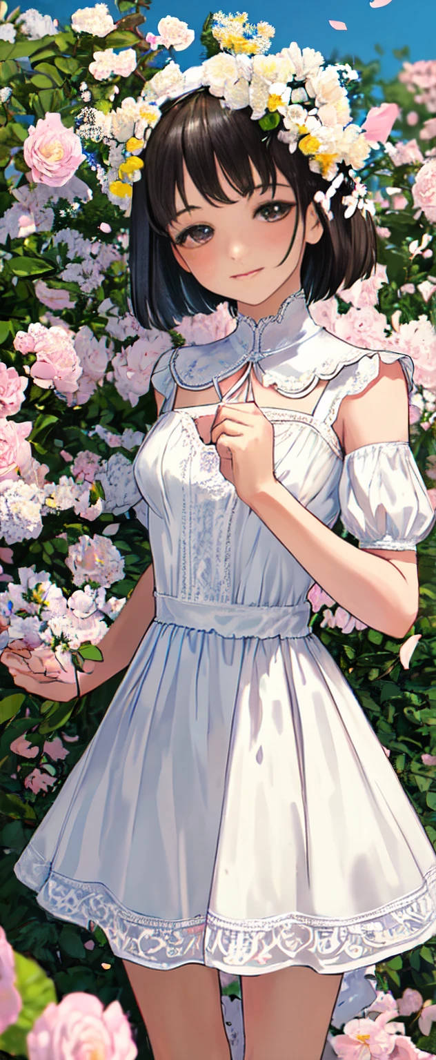 Best quality at best，tmasterpiece，1girll，10years old，Off-the-shoulder attire，white wedding gown，Surrounded by flowers，The upper part of the body，closeup cleavage，with short black hair，(little breast)，grassy fields，big breasts beautiful，looking at viewert，ssmile，white stockings，particle fx，above chest