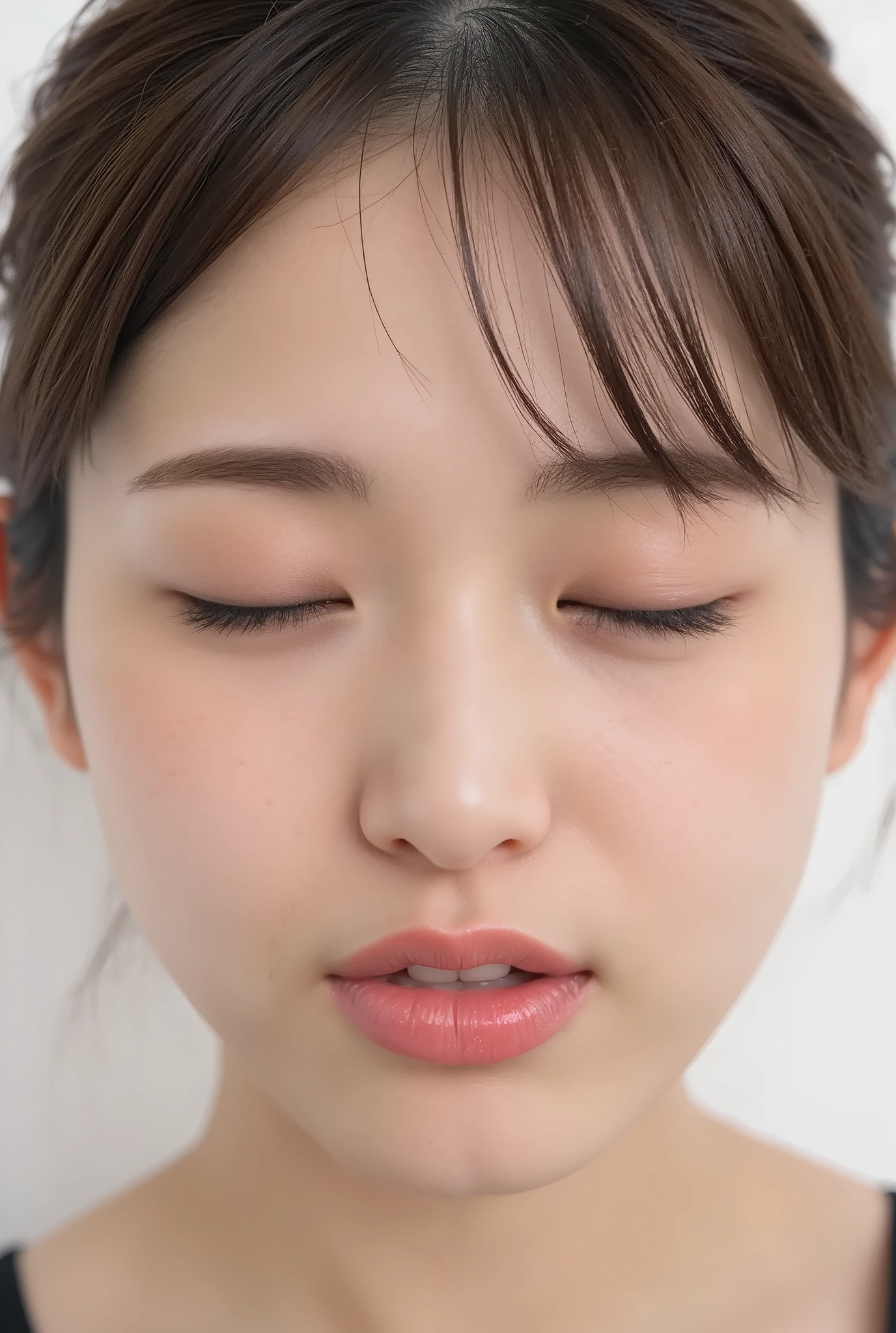 ultra-detailed close-up of a beautiful girl, collarbone-up composition, white studio background, soft natural lighting, slightly elevated camera angle (around 35 degrees), full face and head visible in frame, chin slightly raised, eyes gently closed, deeply affectionate smile, cheeks and ears flushed, dreamy, blissful, euphoric expression, mouth puckered and protruding with a rounded kiss shape, glossy moist lips with shimmering highlights, soft lips reflecting light, extreme focus on lips, inviting kiss pose, longing expression, desperate affection, dere-dere mood, hands behind her back and not visible, natural skin texture with visible peach fuzz, matte facial skin, black camisole strap visible, soft head tilt, bokeh background and soft facial contour blur to emphasize lips, overflowing with affection and dazed joy