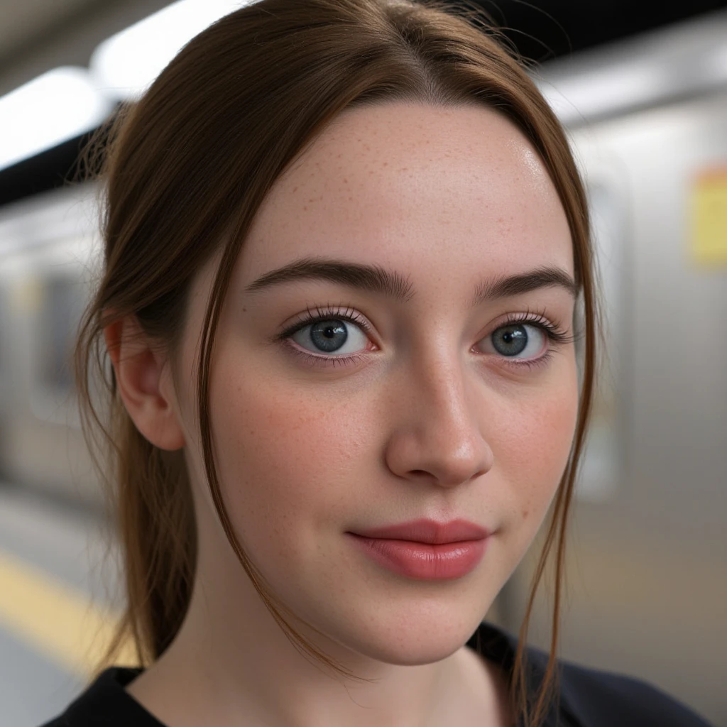 European woman, closeup, sandals, (shirt), pants, (times square), ([ZM_laurie:ZM_laurie]: 1.1), perfect face, (contact iris: 1.1), pale skin, skin pores , depth of field