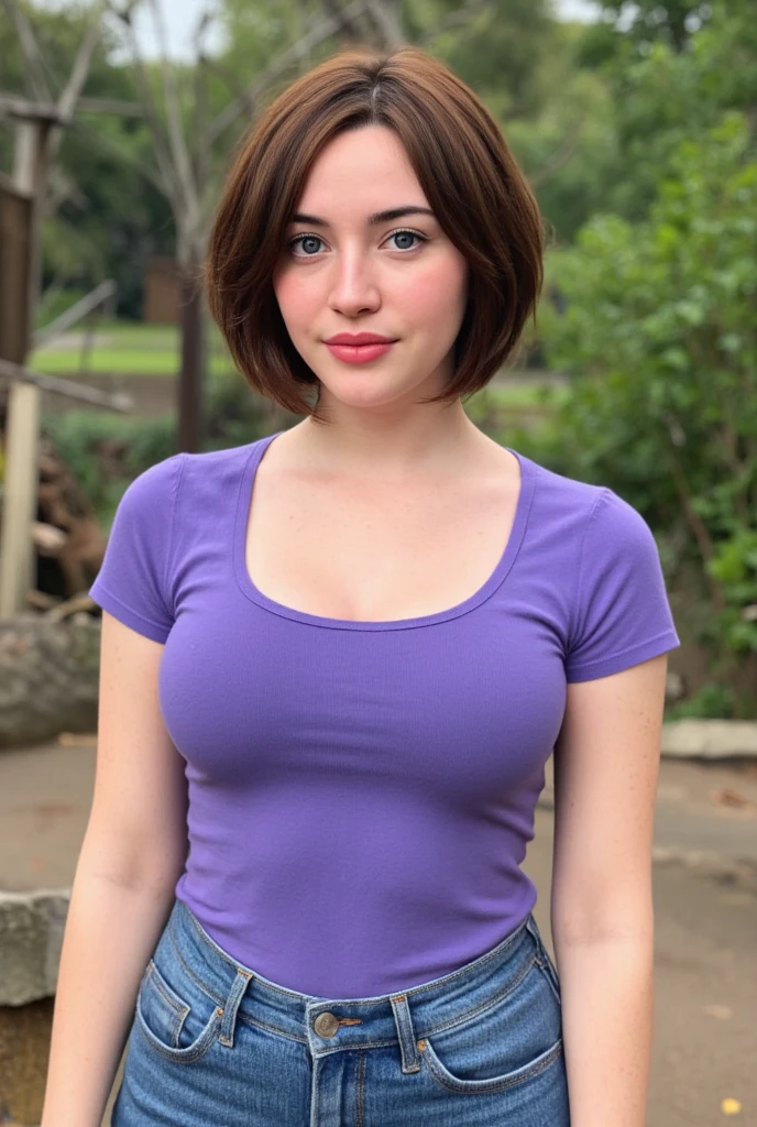 "A photorealistic portrait of a 25-year-old American girl with short purple hair and blue eyes, Wearing sunglasses, huge breasts, and a yellow flower dress. She should have a big smile and be illuminated by soft, golden-hour sunlight. The background should be a scenic outdoor setting, perhaps an urban street. Capture this image with a high-resolution photograph using an 85mm lens for a flattering perspective."