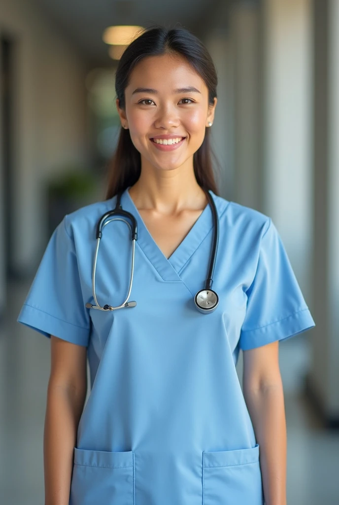 Beautiful athletic 30 year old thai female nurse wearing sleeveless scrubs taking a break at hospital. Smiling. Toned arms