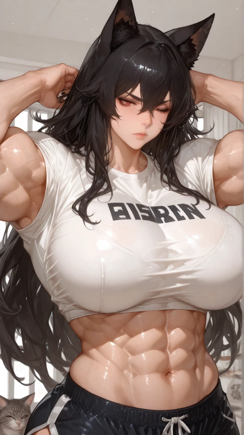 (Best quality,8K,ultra high res:1.5),(Pretty long tied pigtail hair anime girl),(Huge breasts:1.20),(very voluptuous body),(very voluptuous thigh),(body builder girl:1.5),(wide muscle:1.8),(light smile),(eyes to camera),(light black hair),(grey bra),(grey short skirt),(standing view),(nipples)