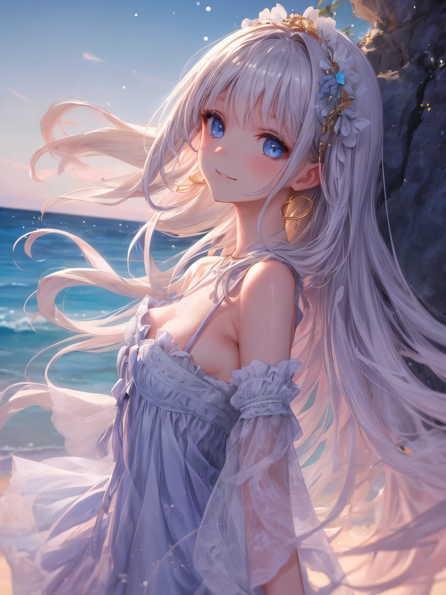 1girl, colorful strands of hair, lustrous skin, angelic, glare, sunshine, silver pink gradient hair, seaside, bare legs