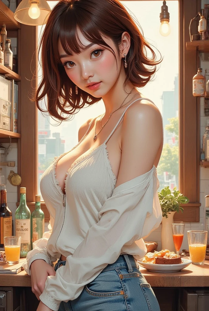 masterpiece, yor, 1girl, Bust A Cup, Amazing Cleavage:1.3, thin waist, big ass, Raised sexy, big breast: 1.2 posed cleavage:1.2、solo, looking at viewer, open mouth, have a cute grass of cute beergrass,black hair, red eyes, dress, bare shoulders, jewelry, collarbone, sidelocks, hairband, earrings, indoors, off shoulder, :o, sweater, arms behind back, plant, short hair with long locks, white hairband, off-shoulder dress, sweater dress, off-shoulder sweater, red sweater, big side hair, very long side hair,is rendered in (masterpiece: 1.2, best quality), with (ultra high resolution) and an exquisite (depth of field). This masterpiece is not only visually stunning but also tells,A scene of cooking in the kitchen
