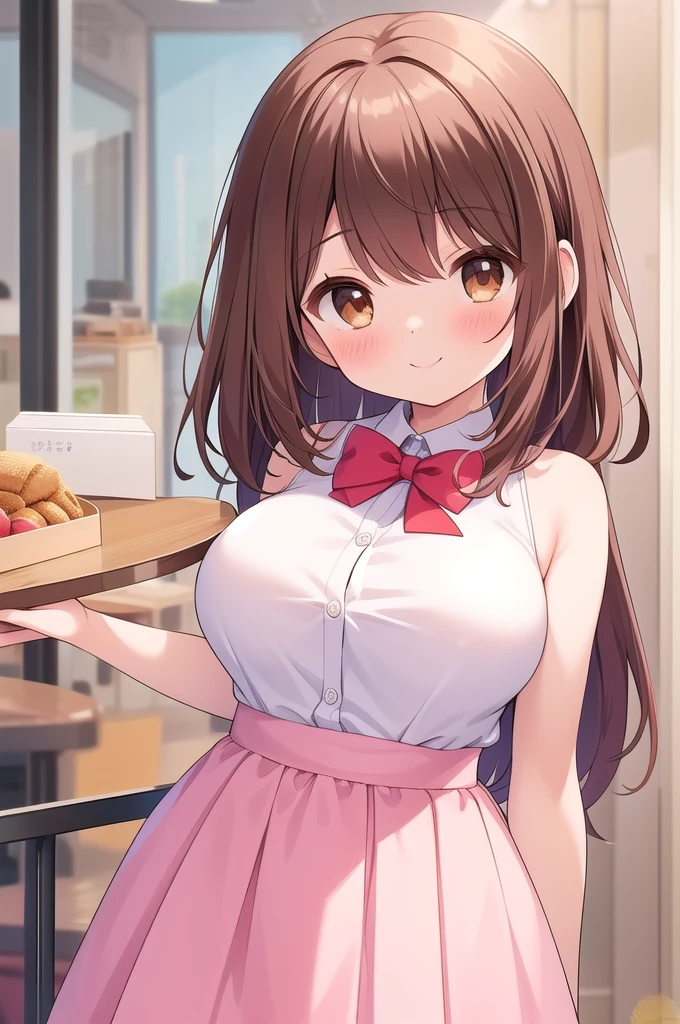 woman、 Age 25, Brown eyes, Shiny skin、Long brown hair, Wearing a white shirt, Big Breasts,Center View, High resolution, Ultra Sharp, 8K, masterpiece、Cafe、Crowded store、、Spread your legs、Spread your legs、Grin、Hunchback、((おteethをアピール))、おteeth、おteeth、Pleated skirt、The gesture of hiding pants、Leaning forward、(((Deep valley)))、Wet Panties、teeth、teeth、