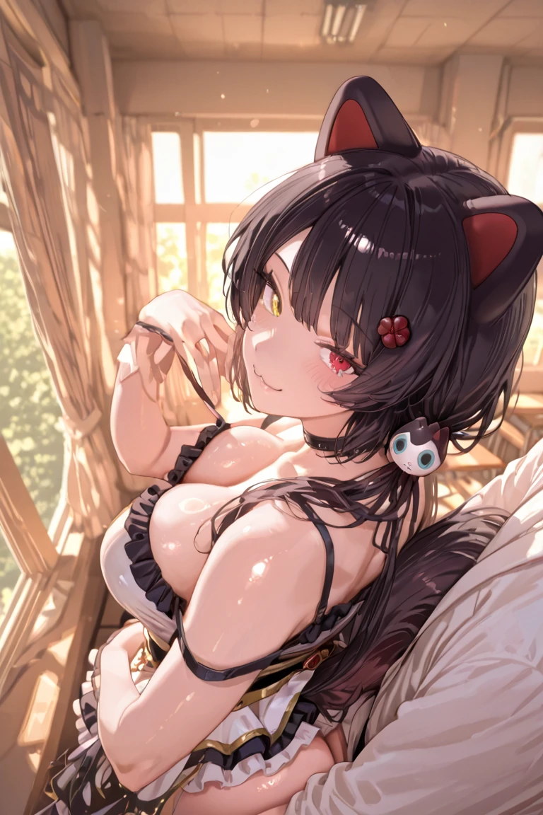 Anime cat girl, sitting seductively in a dimly lit room, wearing a maid uniform that barely covers her curves. Her big breasts spill out from the low-cut neckline, leaving little to the imagination. In her hands, she holds a feather duster, playfully teasing the viewer with a mischievous smile. Her cat ears peek out from underneath her headpiece, adding an extra touch of allure. In the background, a red lantern casts a warm, nude glow, illuminating her naked body beneath the maid outfit. The pixels are perfect, the details intricately drawn, creating an ultra-detailed and sensual masterpiece. (Anime: 