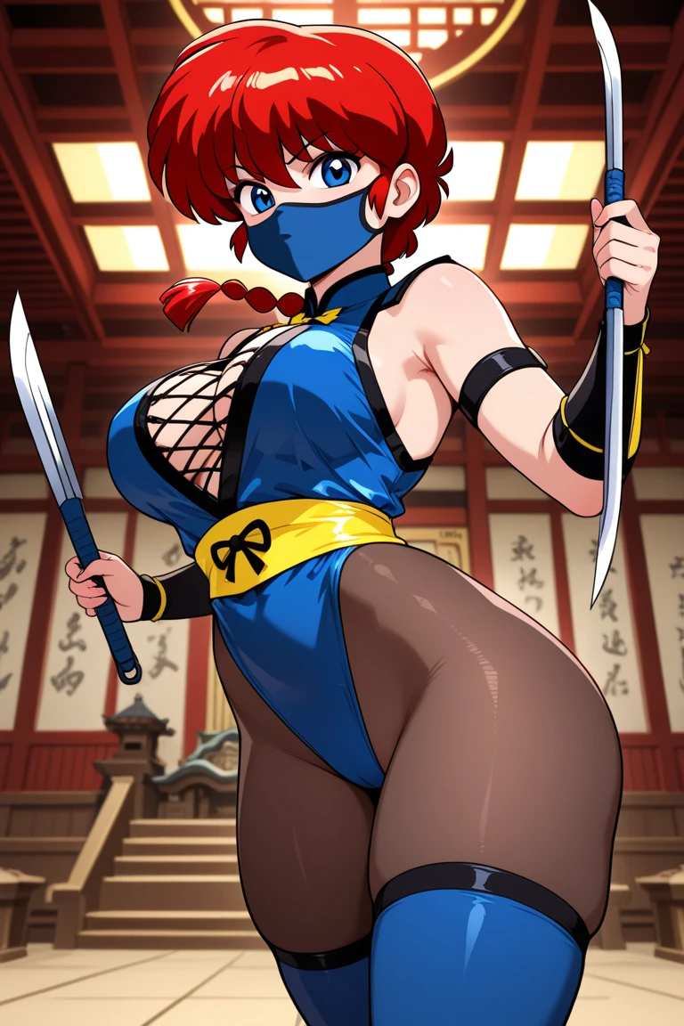 Girl with black mask on her mouth , red hair tied with bangs, with sexy transparent ninja outfit showing breasts and pussy, it&#39;s a katana, in old Chinatown at night with moon in the background
