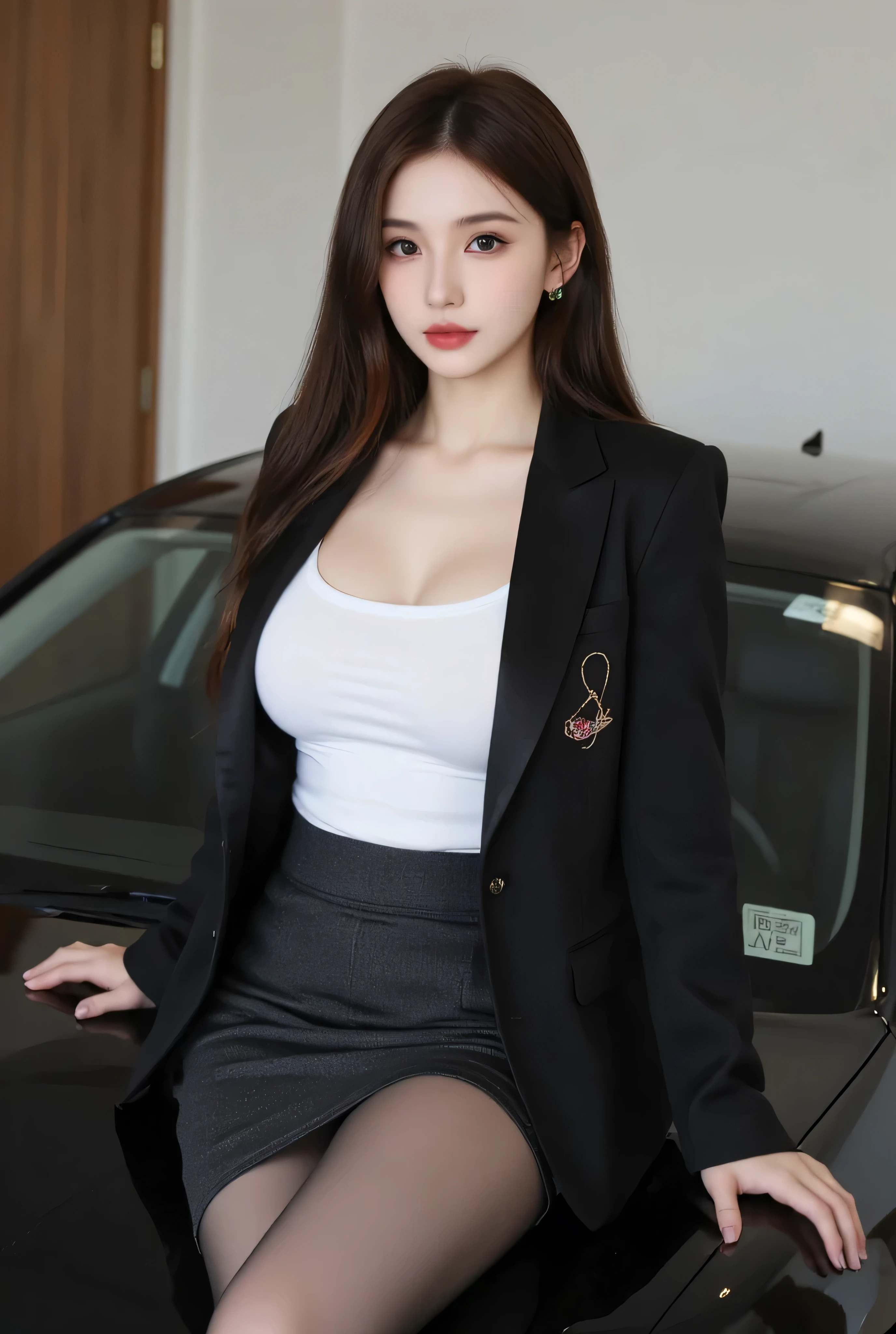 the most beautiful actress in the world, she is 18 years old, the perfect body proportions of this girl, the blazer is firmly worn on the formal shirt which is covering her large breasts, only the lower than her waist is exposed it's bare skin, it's too difficult for the short skirt to cover the panties because it's too short, her bare thighs, the lower than her knees are out of this picture, at city street, standing, best quality, highly detailed, masterpiece, ultra high res, photo realistic, 8k