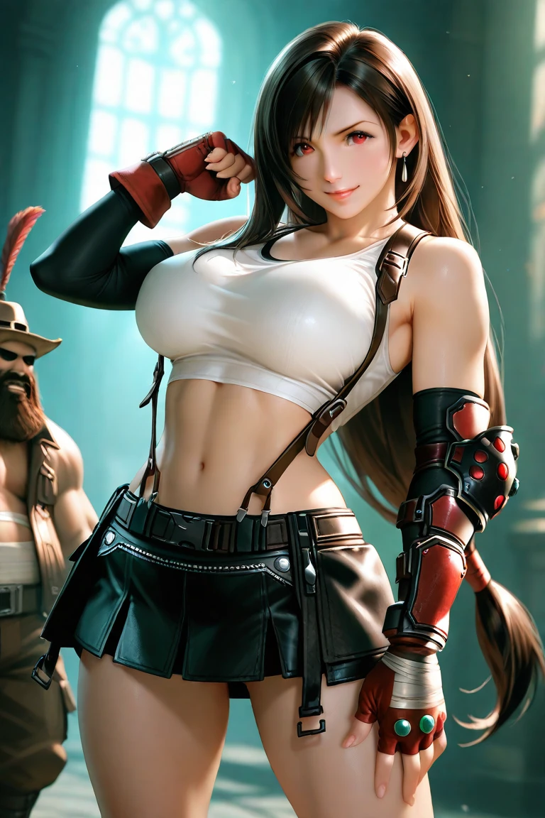 (masterpiece, best quality:1.2), detailed face, detailed eyes, Tifa Lockhart, mature woman, muscular, athletic, cheerful, gorgeous heart-shaped face, toned body, massive breasts, long dark hair tied with ribbon at the end, ((Aerith costume)), realistic, seductive, red eyes