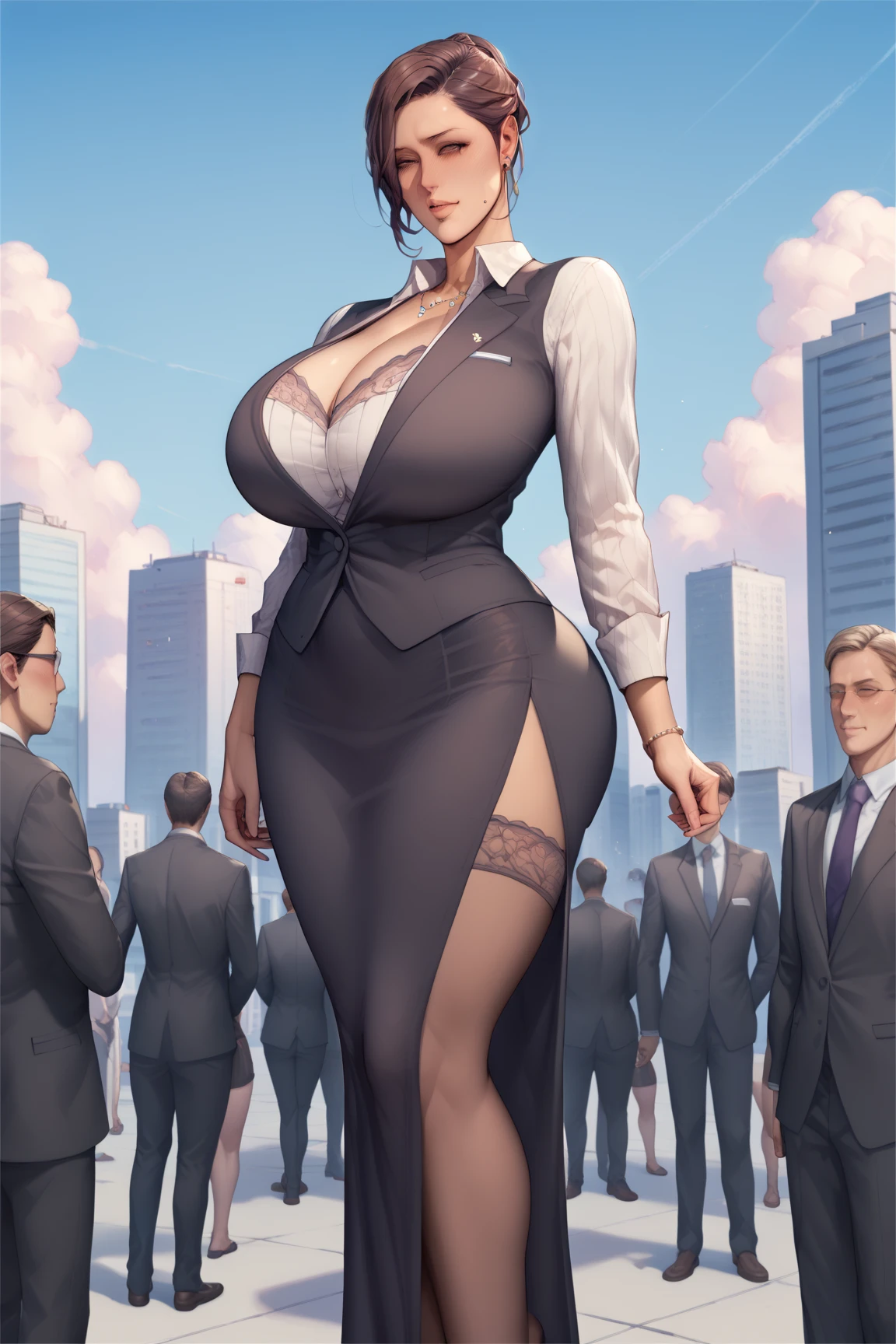 An Arabic woman, milf, with big natural breasts, big rounded ass, wide mouth, wear silk hijab, face veil, glasses, white shirt with big cleavage, visible lace bra, stripes pattern print skirt, stocking pantyhose, , 7-inch high heels, collar, make-up, glossy lips, polished nails, body tattoos, standing in a courtroom, a luxury courtroom, symbol of justice in the background, in red carpet, holding a paperwork, big cleavage.
