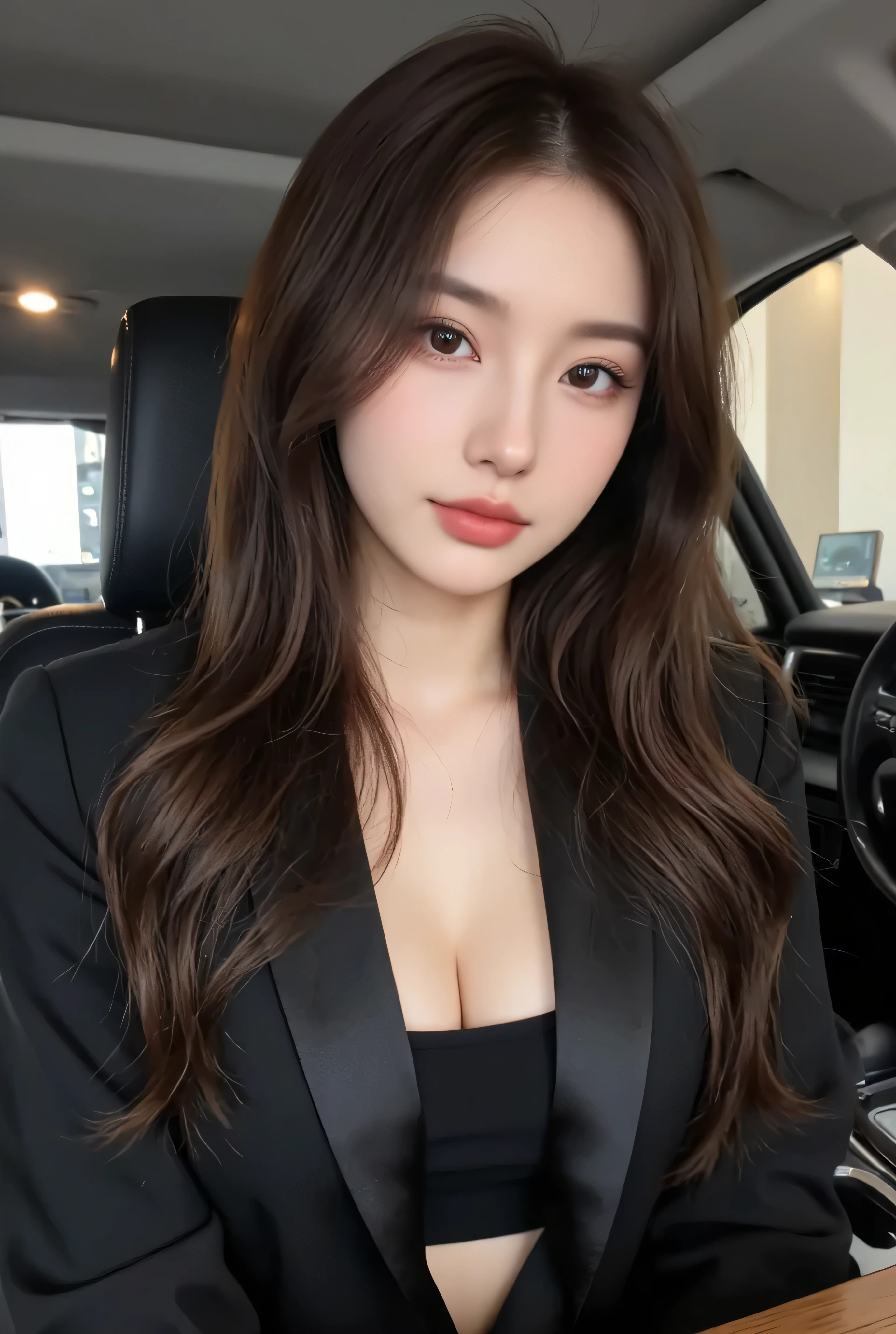 masutepiece, Best Quality, Illustration, Ultra-detailed, finely detail, hight resolution, 8K Wallpaper, Perfect dynamic composition, Beautiful detailed eyes, Wear a black knitted dress,small tits,Natural Color Lip,Smile,20 years girl、Cute、You're looking at the camera,Background blur,Shot inside a luxury sports car(Behind the wheel),KPOP Idol Face