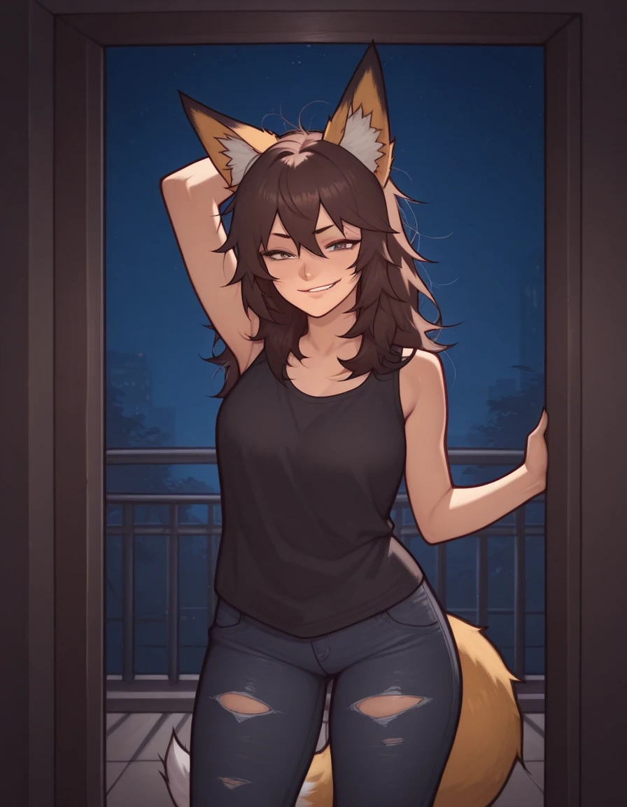 best quality,best resolution,(fluffy anthro furry :1.6),(young :1.6),cat girl,(dark brown hair :1.6),long hair,wavy hair,yellow eyes,glistering eyes,sparkle eyes,ultra detailed eyes,(light brown fur :1.6),naked,glasses,floral hair ornaments,floral bracelets,beautiful rooftop,building,night,(black sky)moonlight,sparkle stars sky,romantic light,full face blush,looking at viewer,heart expression eyes,heart eyes,happy face,open mouth,fangs,armpits