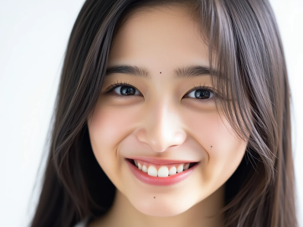RAW photo, reality,((Staring intently at the viewer)),((focus on the face)),((close-up)), front, Japanese woman, smile, long hair, black hair, straight hair, , Unprocessed , live-action, Genuine,cute young girl, beautiful reflective eyes ,Beautiful Detailed Lips, Extremely Delicate Eyes and Face,long eyelashes, (軽いsmile:2),simple white background, natural light
