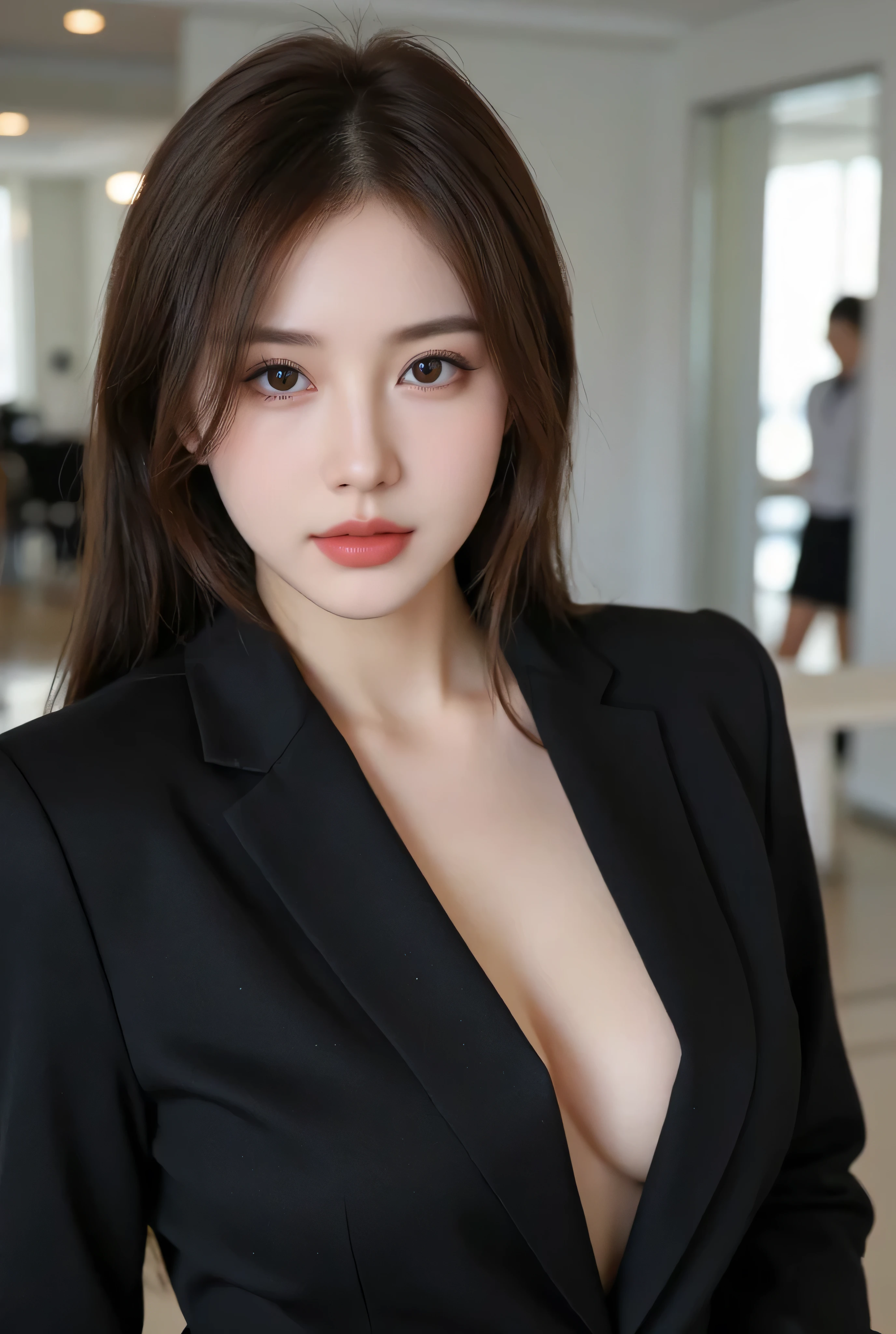 Office Work、, Highest quality, shape, Very detailed, In detail, High resolution, 8k wallpaper, Perfect dynamic composition, Beautiful details, Natural Lip, suit, Big Breasts, Cleavage, She's looking outside, her face deep in thought..., A masterpiece of the whole body, Full Body Shot