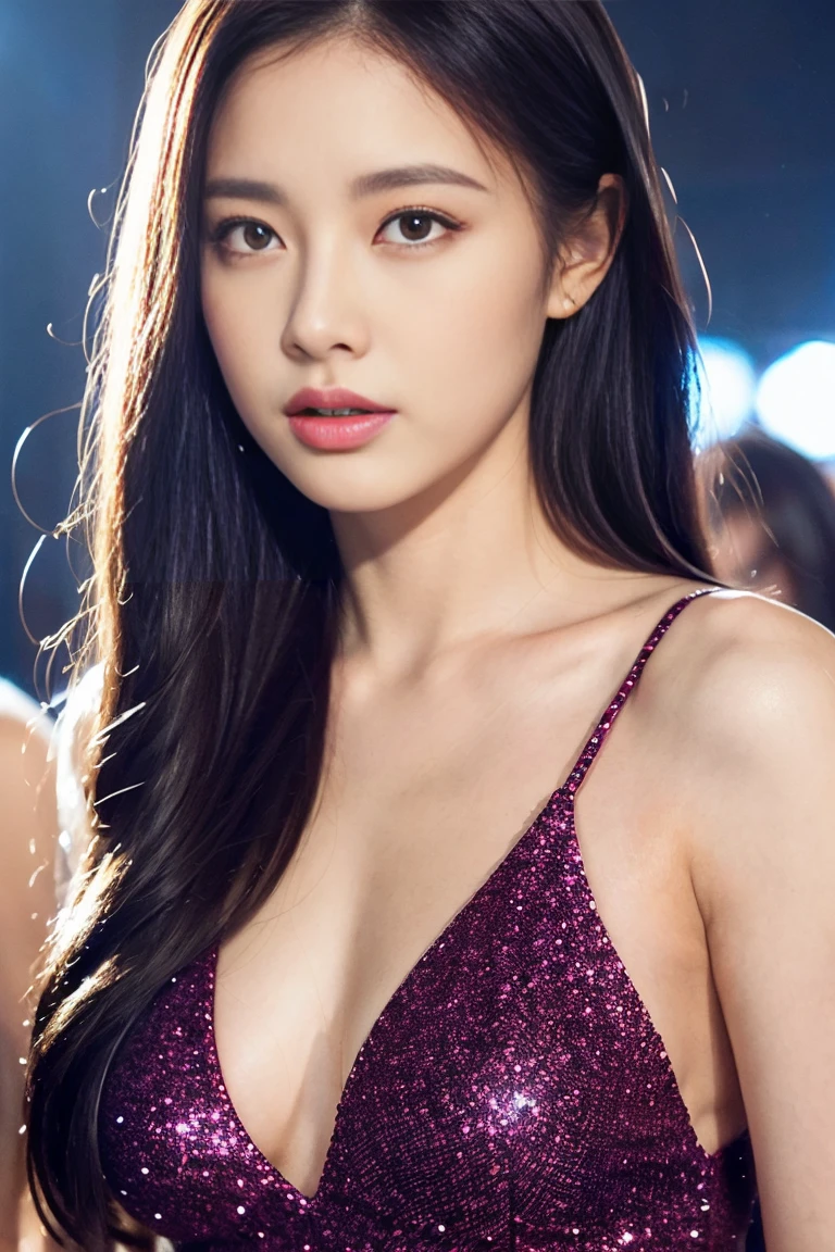 best quality, photorealistic, 8k, high res, 1girl, woman, petite body, small breasts, standing on the beach, pink bikini, eyes looking at viewer, long black hair, photorealistic, wide shot