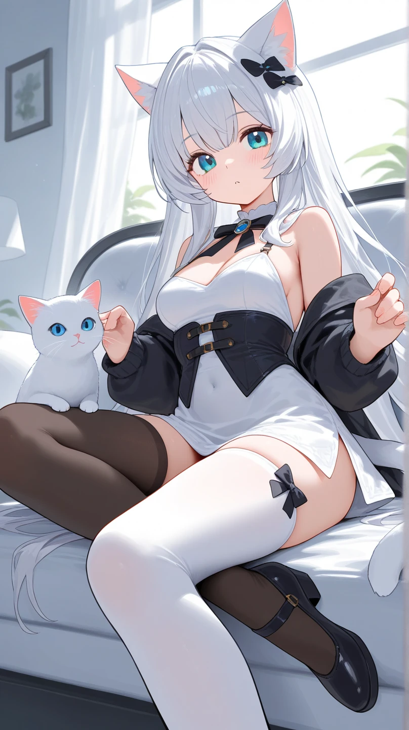 Masterpiece,gentleness,White color hair,cute girly,quadratic element,Lie on your side in your pajamas,Has white cat ears,The clothes are half-open,white stockings,Leaning on me,tmasterpiece