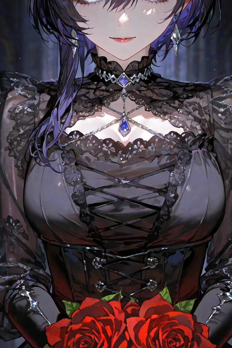 Gere imagens de: obra-prima, melhor qualidade, alta-resolução, foto em 8K. mature, stunning gothic maid, long flowing black hair, piercing intense violet eyes glowing in the dark, elegant eyeglasses, porcelain skin, intricate lace maid outfit, form-fitting corset, detailed frills, black and white color scheme, delicate gloves, dark and mysterious allure, gothic beauty, serious and intense expression, gothic accessories, intricate choker, dark and elegant ribbons, somber elegance, respected and admired, dark background