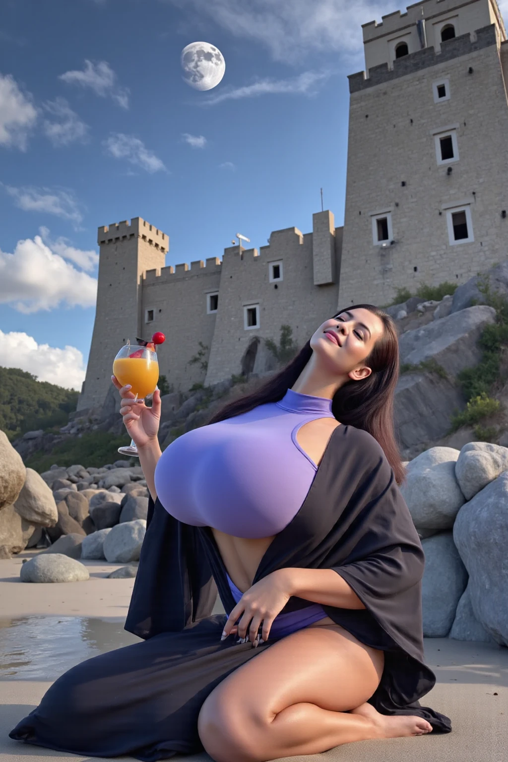 woman with long black hair and huge breasts sips on a glass of wine. Beautiful view of mountains in the background. The sea is visible in the valley. Super slim body.