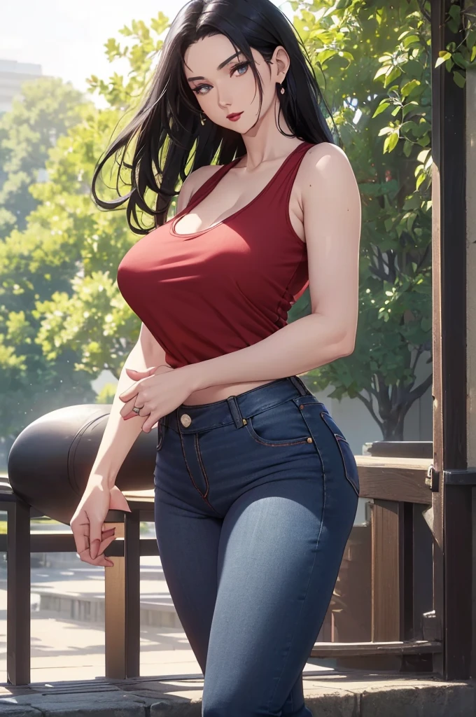 Girl poses for photo in tight jeans,full bodyesbian,legs are open,With a cropped T-shirt,Slim figure,Slim girl model,24 years old female model,gigantic cleavage breasts,No bra, No top,Bare chest, yor forger, yor briar